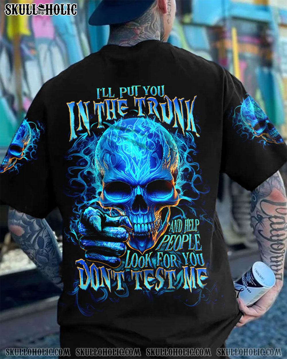 Ill Put You In The Trunk Don_E2_80_99t Test Me Blue Flame Skull Quote AOP Shirts _6_ ObBEZ