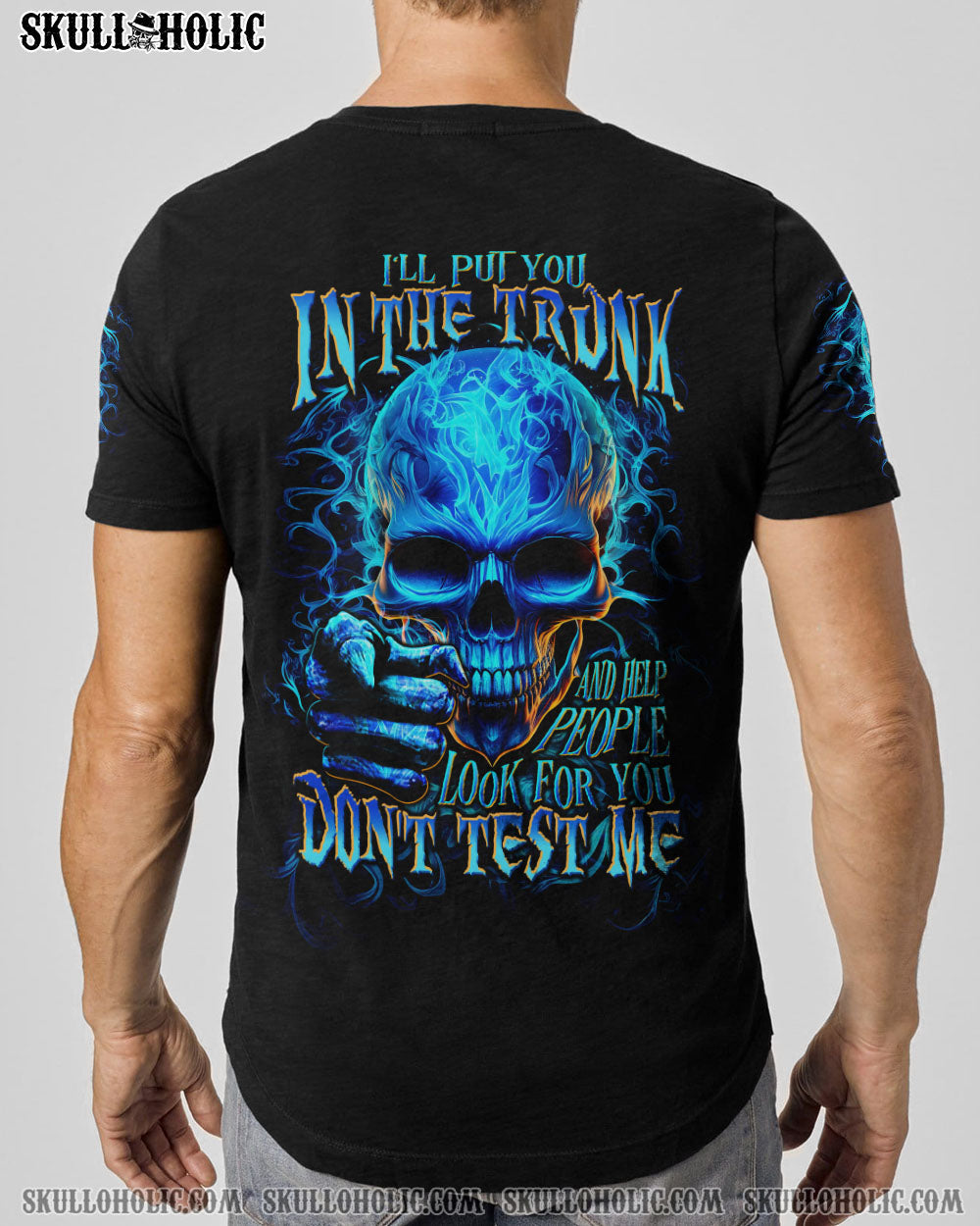 Ill Put You In The Trunk Don_E2_80_99t Test Me Blue Flame Skull Quote AOP Shirts _8_ 1aX3v