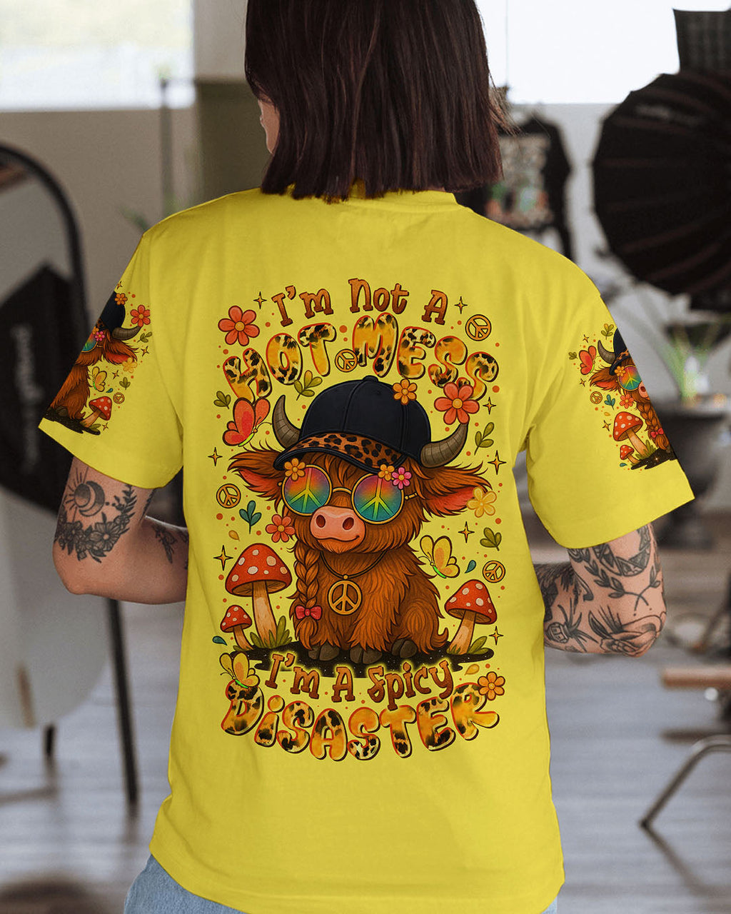 Im Not A Hot MessIm a Spicy Disaster Cute Cow with Peace Sign _26 Fun Floral Design AOP Shirts _1_ aMCWK