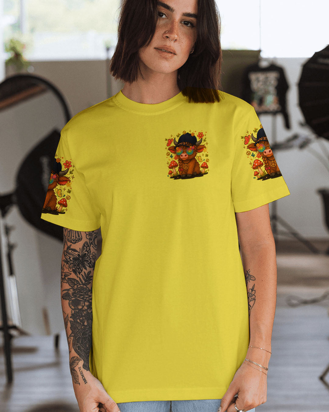 Im Not A Hot MessIm a Spicy Disaster Cute Cow with Peace Sign _26 Fun Floral Design AOP Shirts _4_ QdzVY