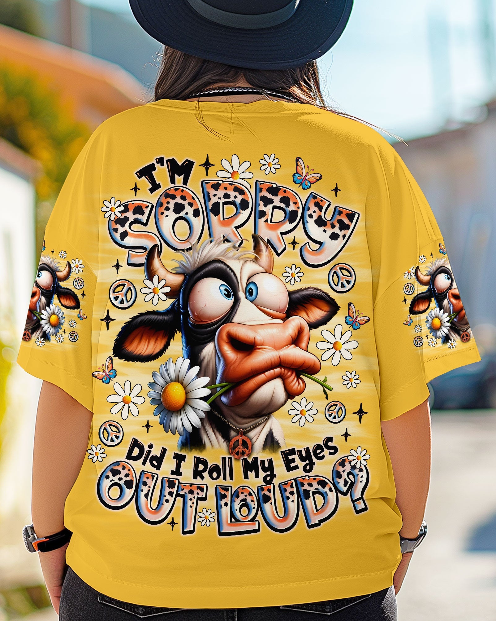 Im Sorry Did I Roll My Eyes Out Loud Cow Funny Cow with Peace and Daisies AOP Shirts _6_ l2ikB