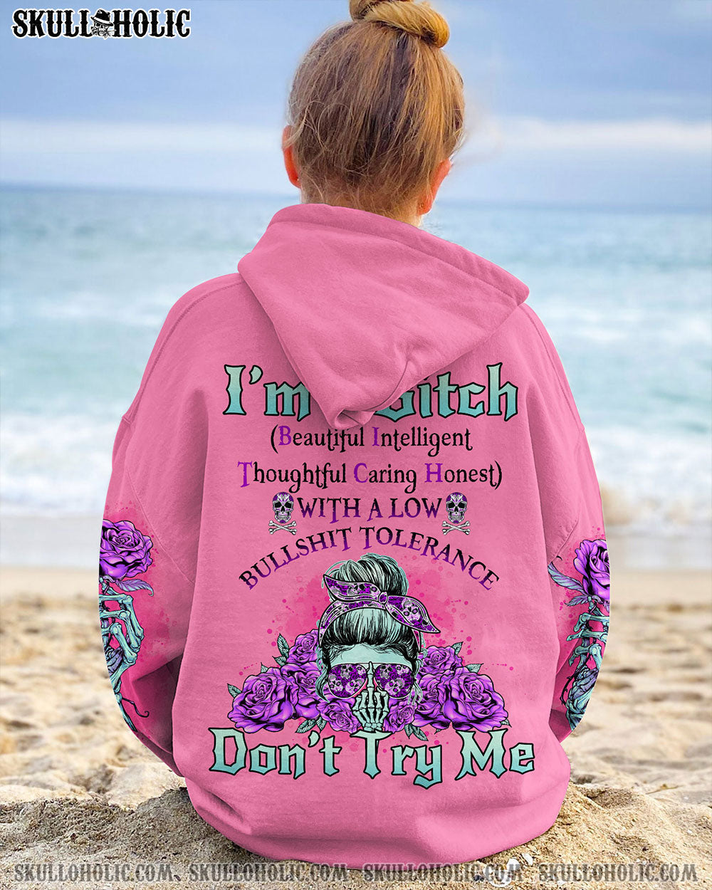 Im a B Dont Try Me Pink Skull and Rose Floral Attitude Graphic for Women AOP Shirts _10_ WgiuT