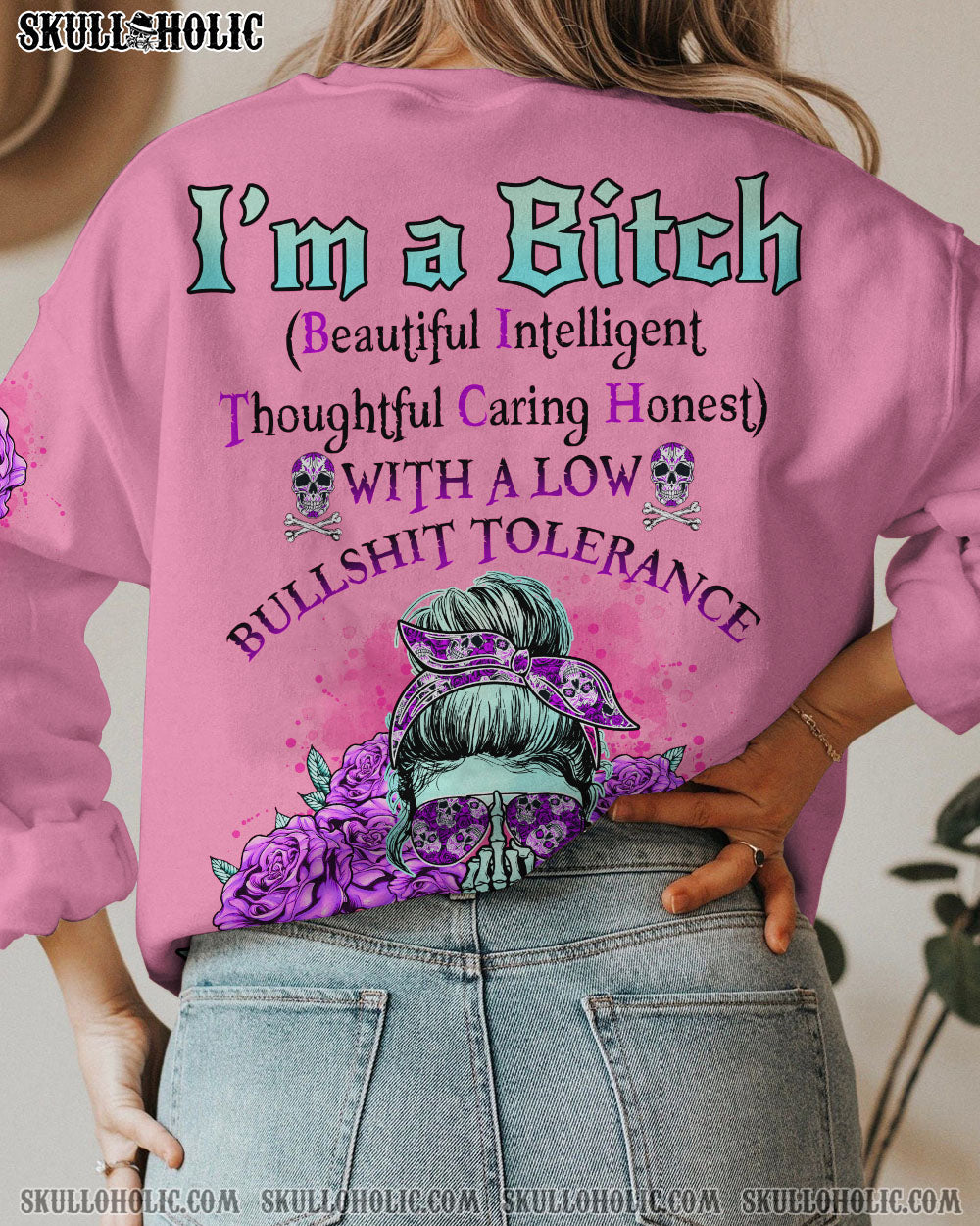 Im a B Dont Try Me Pink Skull and Rose Floral Attitude Graphic for Women AOP Shirts _12_ sbdYd