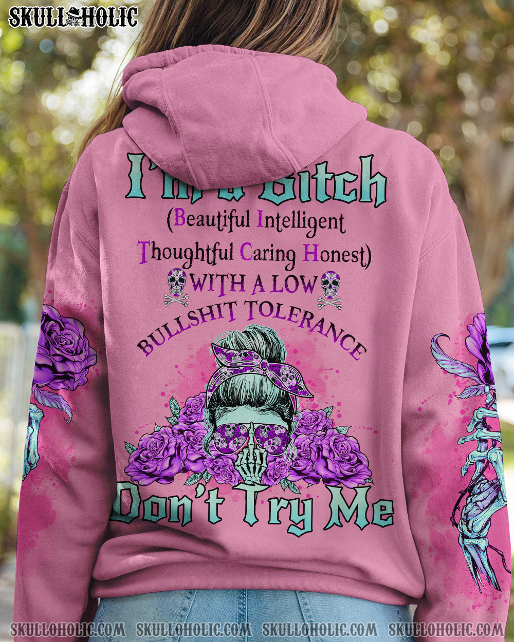 Im a B Dont Try Me Pink Skull and Rose Floral Attitude Graphic for Women AOP Shirts _1_ CYA4K