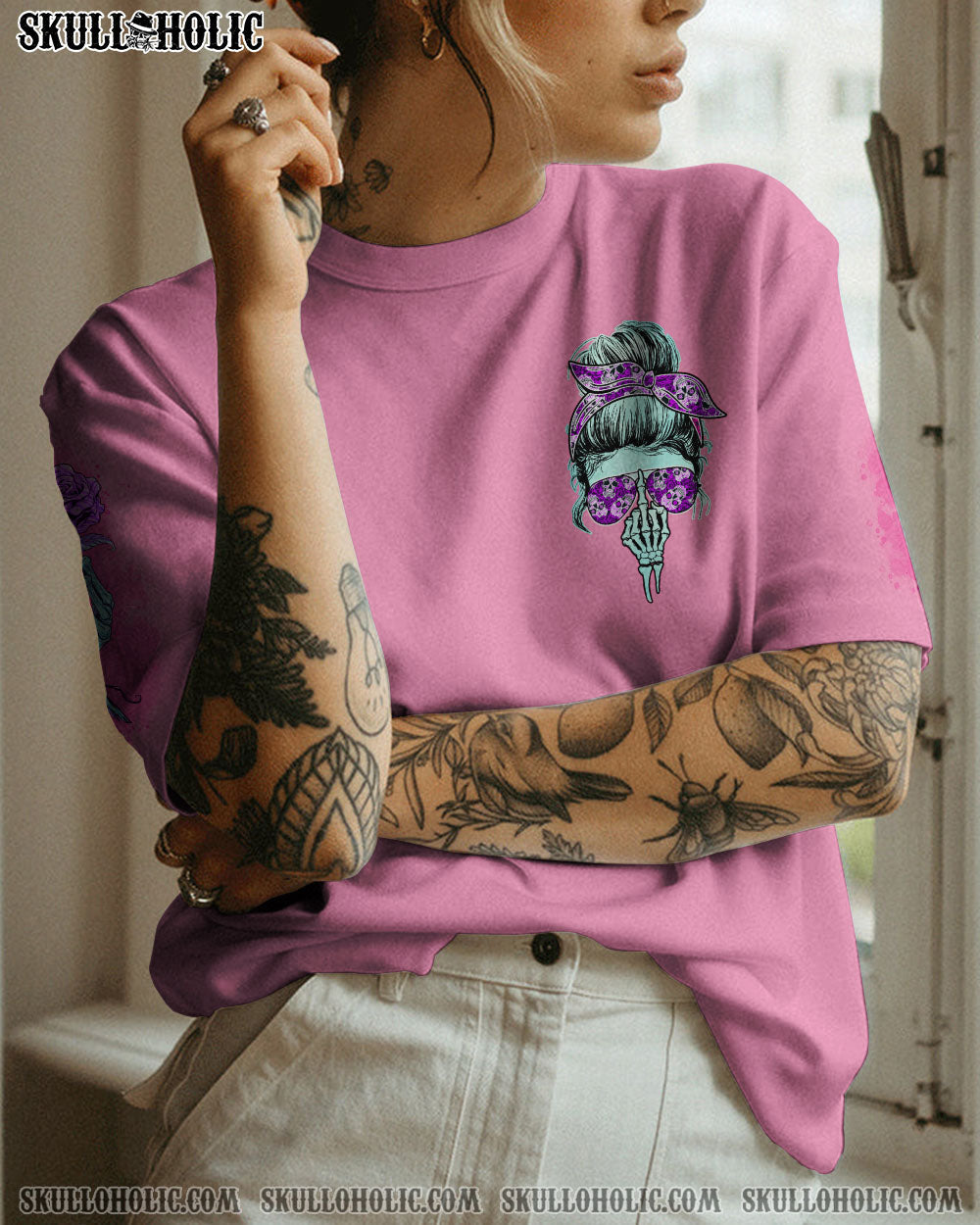 Im a B Dont Try Me Pink Skull and Rose Floral Attitude Graphic for Women AOP Shirts _2_ hqHux