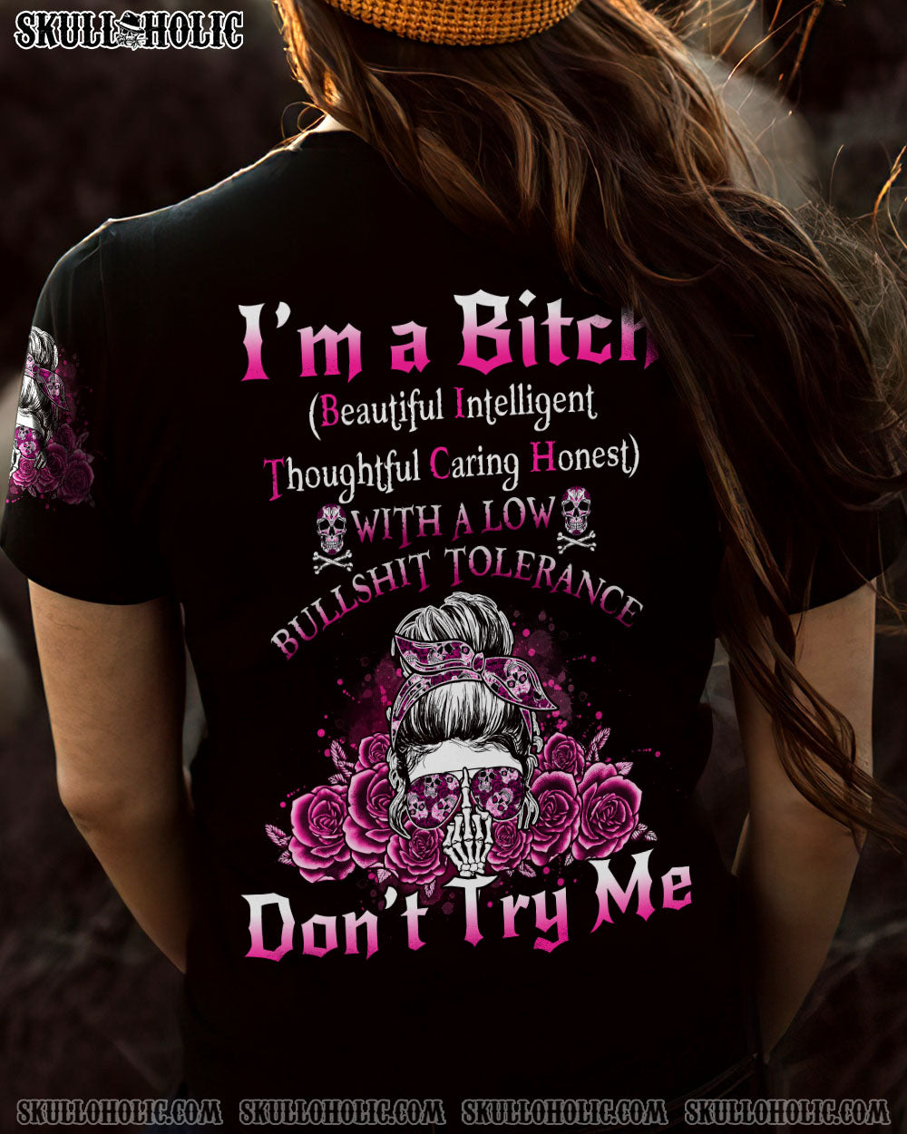 Im a BITCH Dont Try Me Skull Rose Sassy Graphic Tee for Women AOP Shirts _10_ sT9Cz