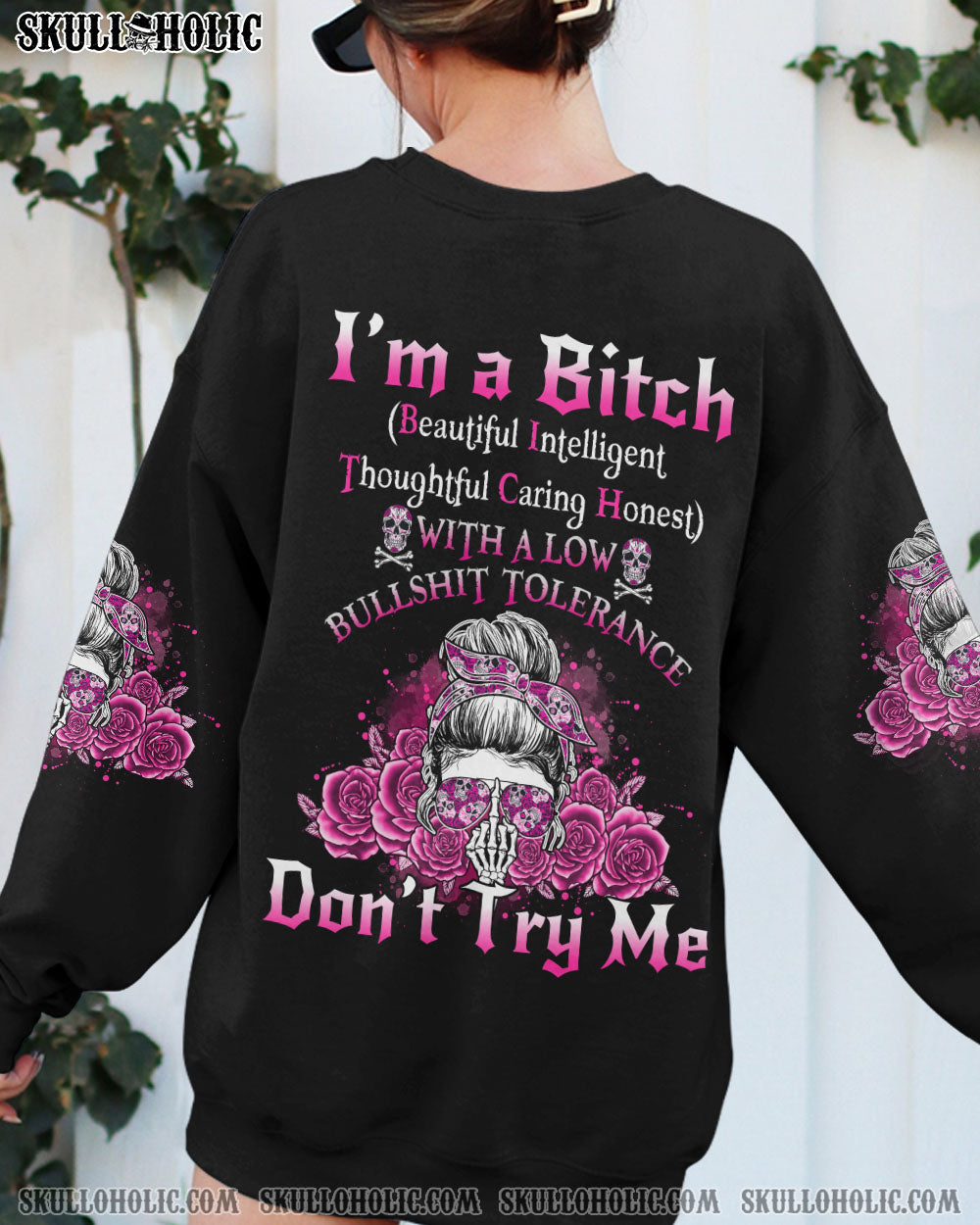 Im a BITCH Dont Try Me Skull Rose Sassy Graphic Tee for Women AOP Shirts _5_ 8a8RW
