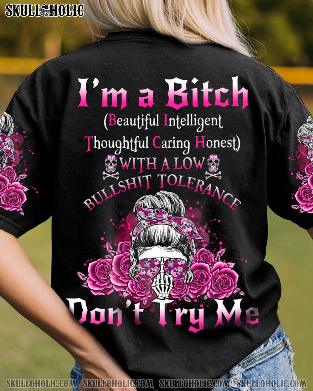 Im a BITCH Dont Try Me Skull Rose Sassy Graphic Tee for Women AOP Shirts _8_ 60s9B