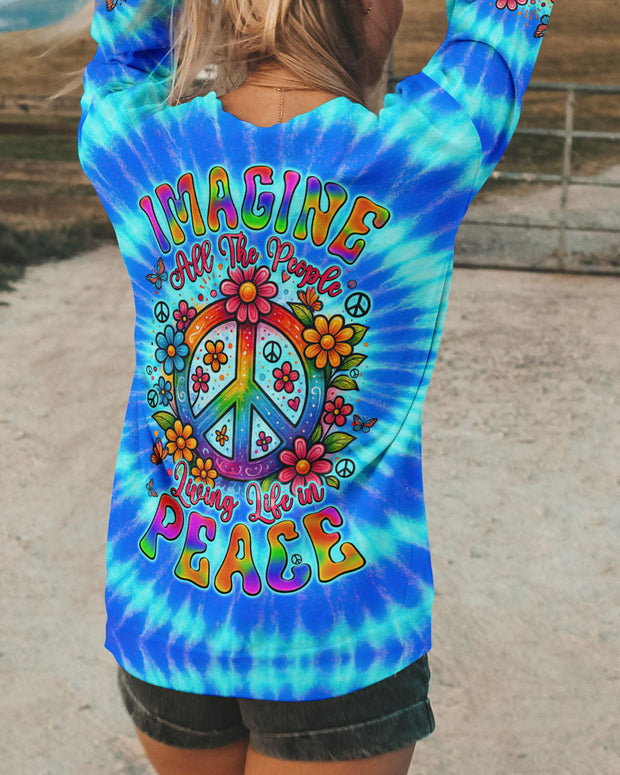 Imagine All The People Living Life In Peace - Peace Symbol with Flower Tie-Dye Design for Women - AOP Shirts