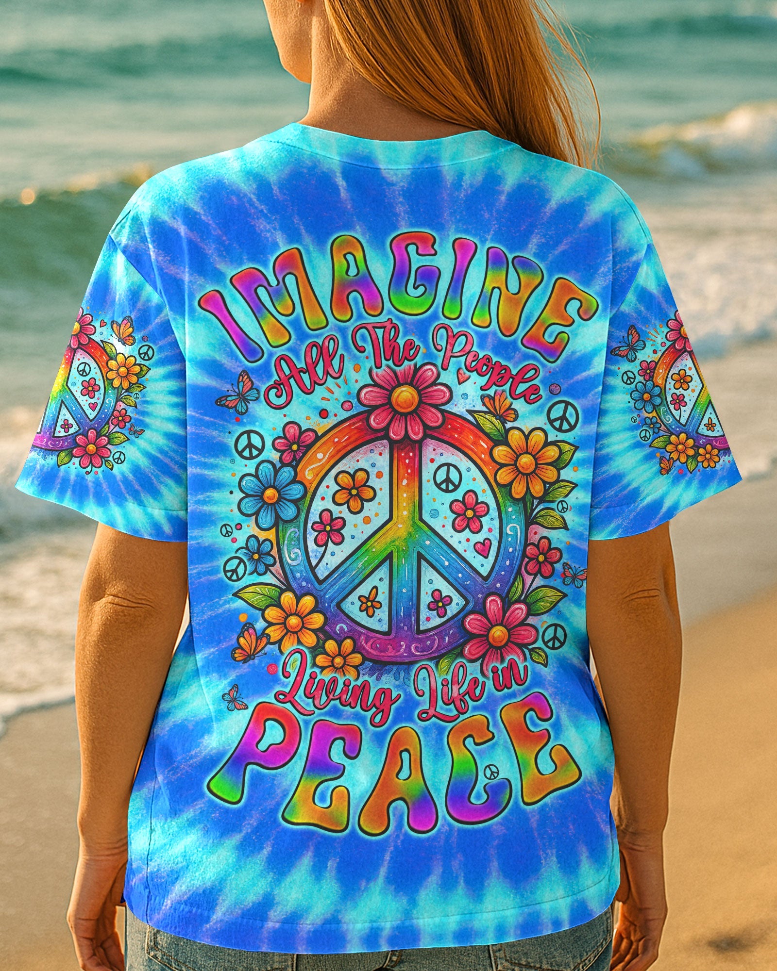 Imagine All The People Living Life In Peace Peace Symbol with Flower Tie Dye Design for Women AOP Shirts _4_ XVygu