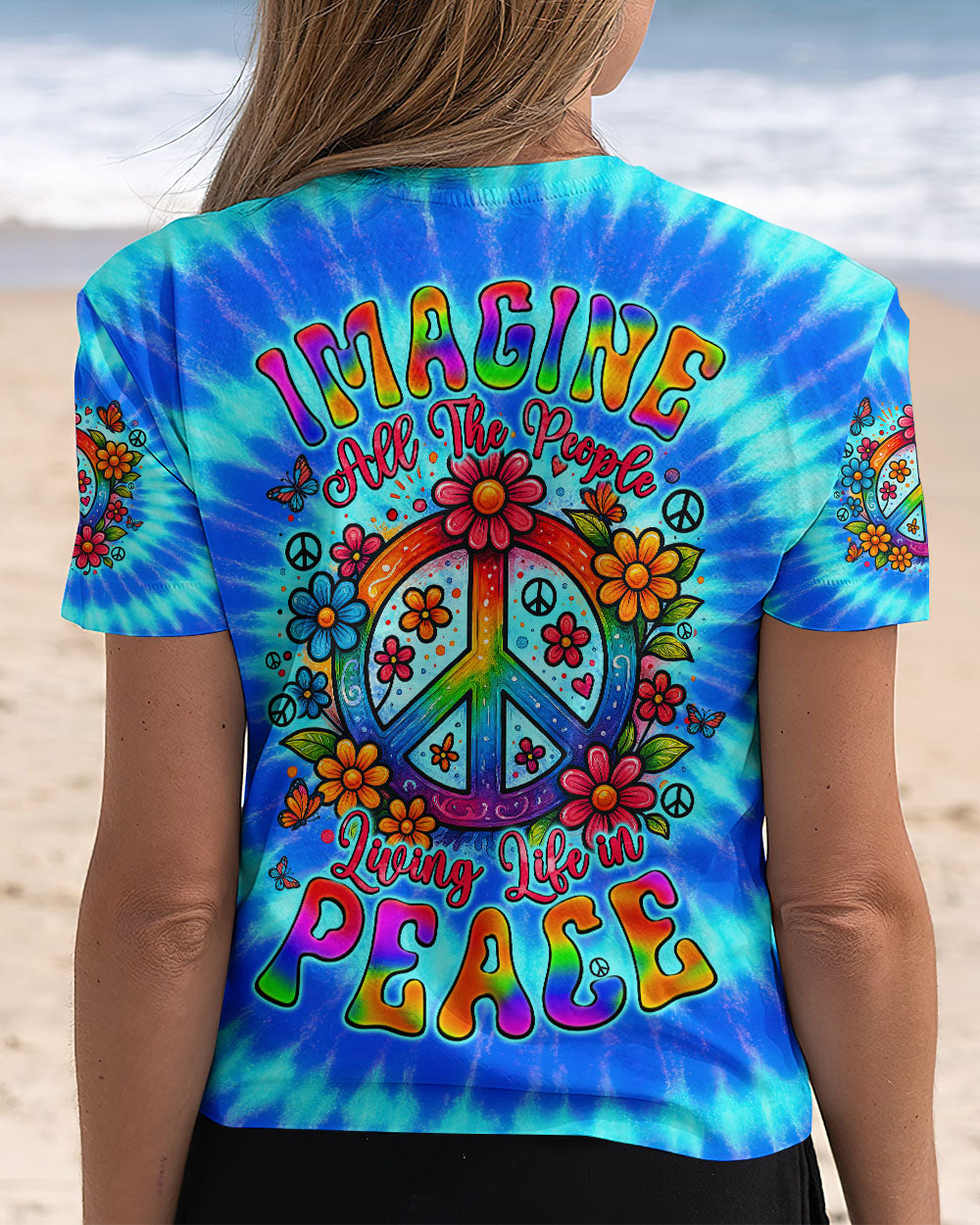 Imagine All The People Living Life In Peace Peace Symbol with Flower Tie Dye Design for Women AOP Shirts _6_ aWqx3