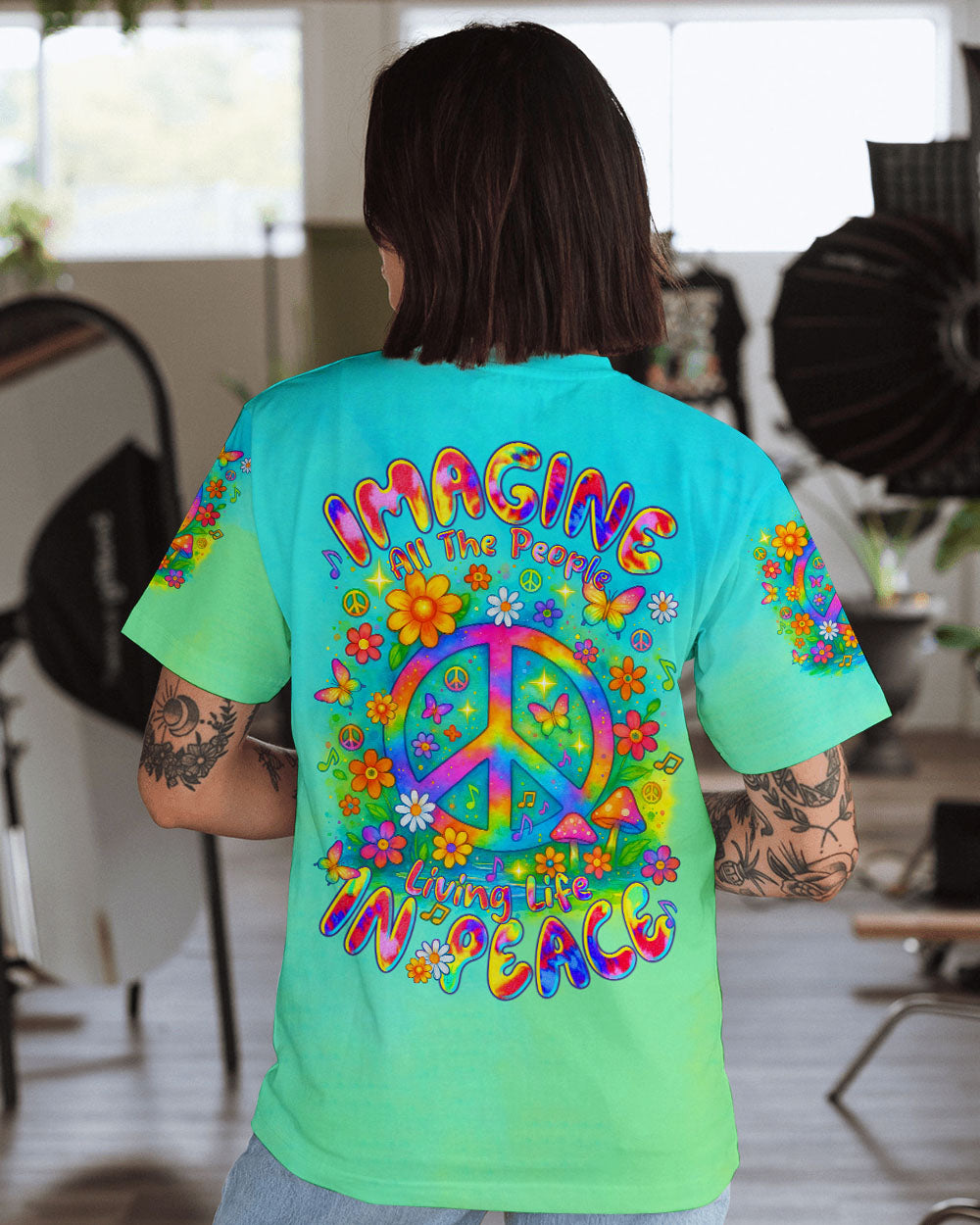 Imagine All The People Living Life In Peace Retro Hippie Peace Symbol AOP Shirts _1_ E0bPn