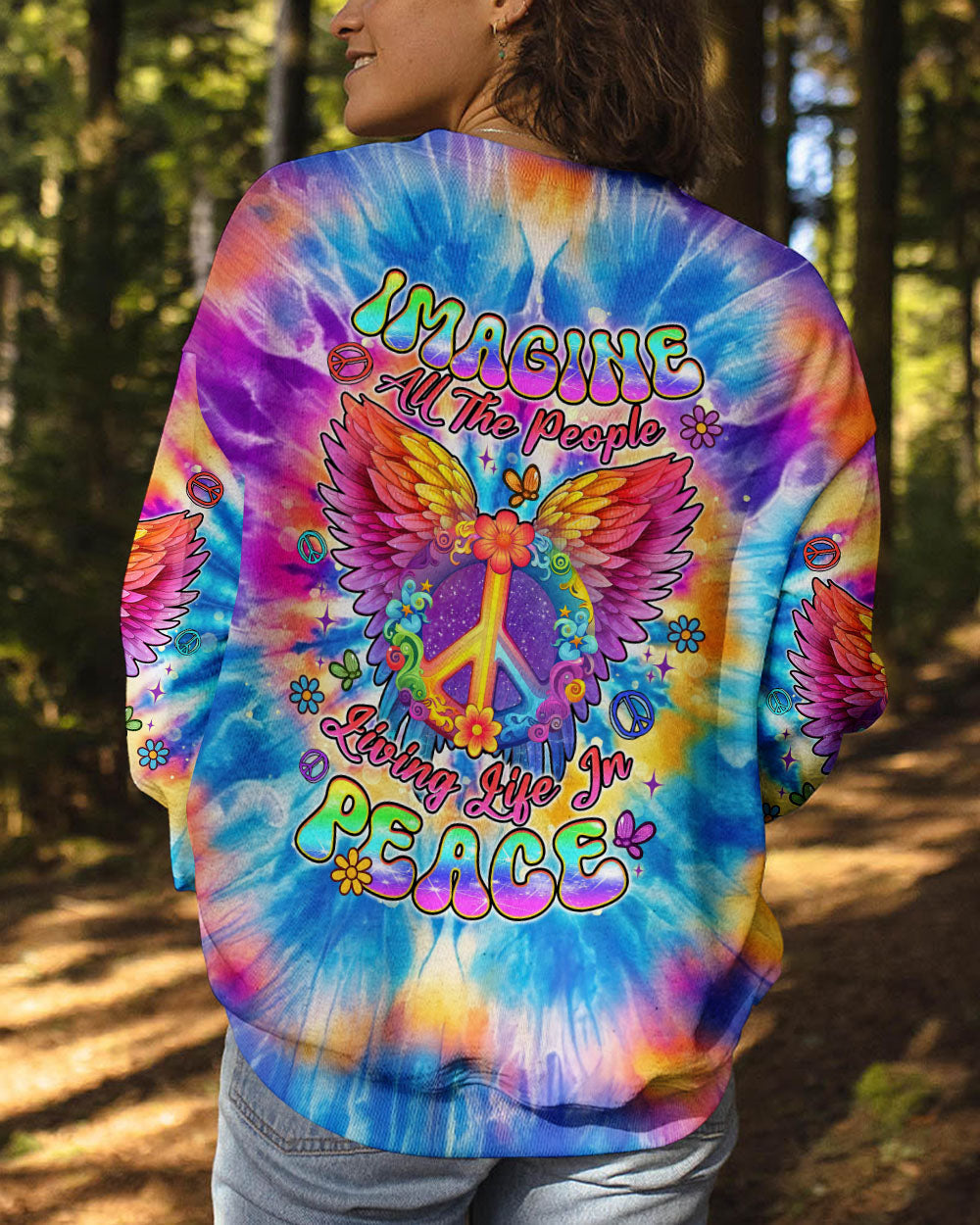 Imagine All The People Living Life In Peace Tie Dye Peace Symbol Graphic Tee for Women AOP Shirts _ _9_ BLs6Q