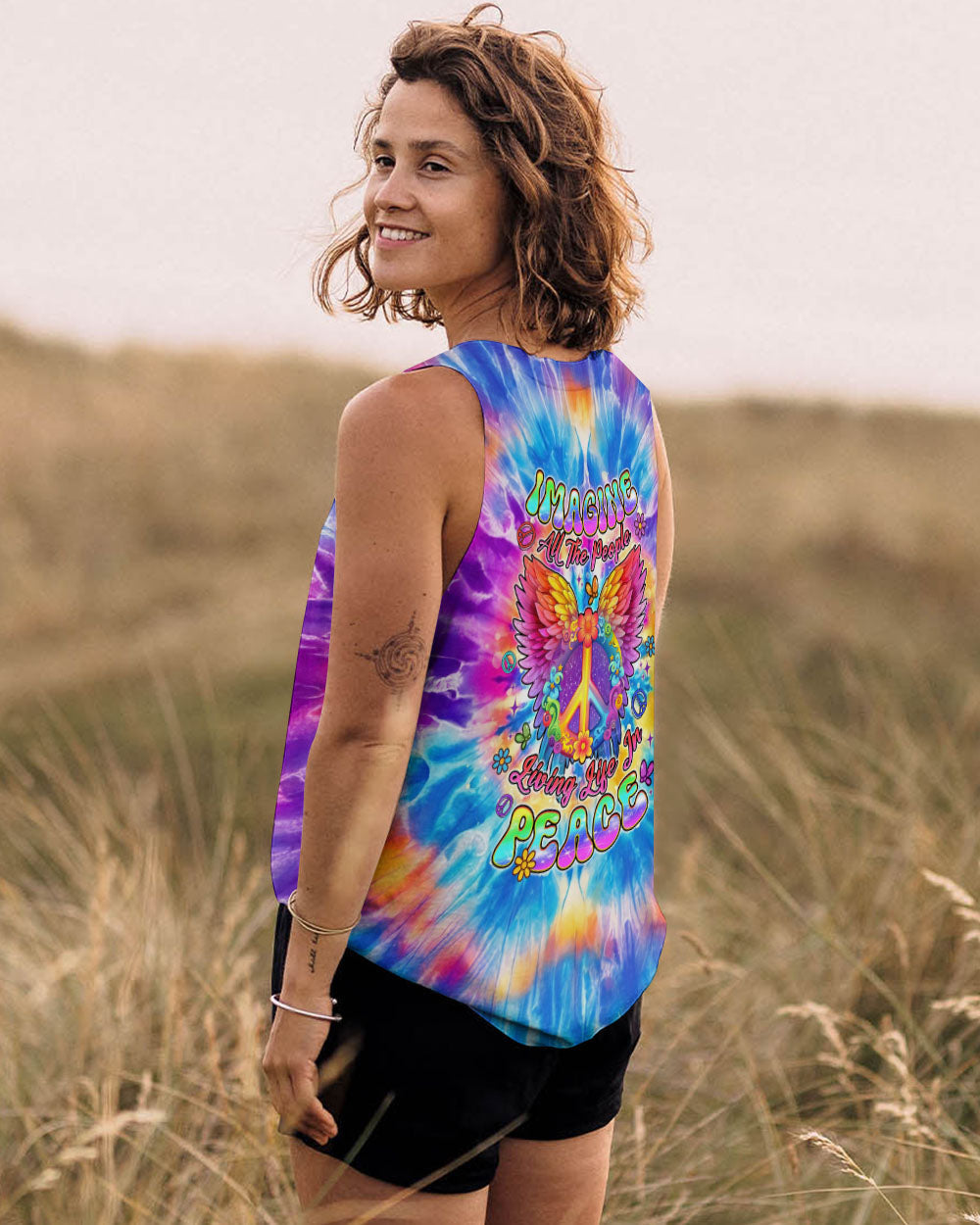 Imagine All The People Living Life In Peace Tie Dye Peace Symbol Graphic Tee for Women AOP Shirts _13_ wH3Pk