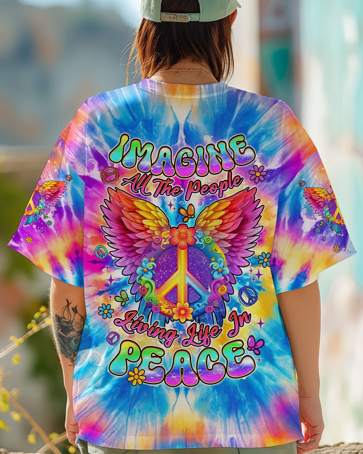 Imagine All The People Living Life In Peace Tie Dye Peace Symbol Graphic Tee for Women AOP Shirts _3_ lzupb