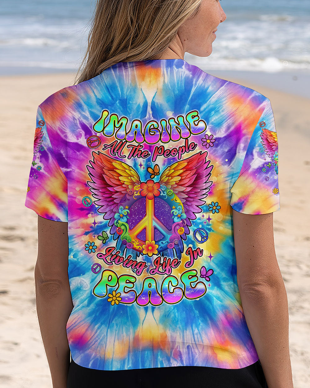Imagine All The People Living Life In Peace Tie Dye Peace Symbol Graphic Tee for Women AOP Shirts _5_ sQCvW
