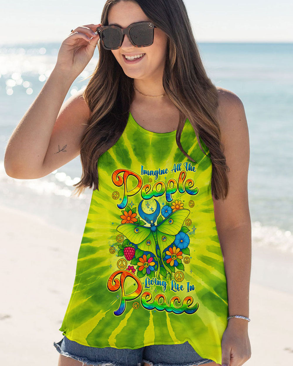 Imagine All The People Living Life in Peace Butterfly Peace Green Tie Dye Design AOP Shirts _11_ HqTWb