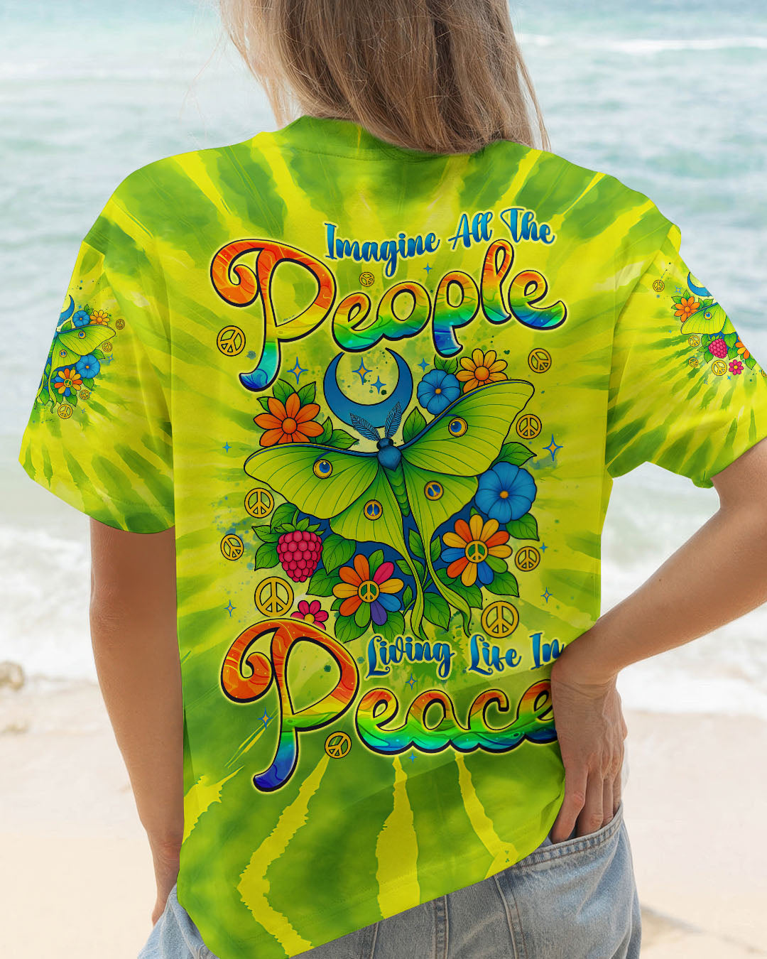 Imagine All The People Living Life in Peace Butterfly Peace Green Tie Dye Design AOP Shirts _1_ 3EzrC