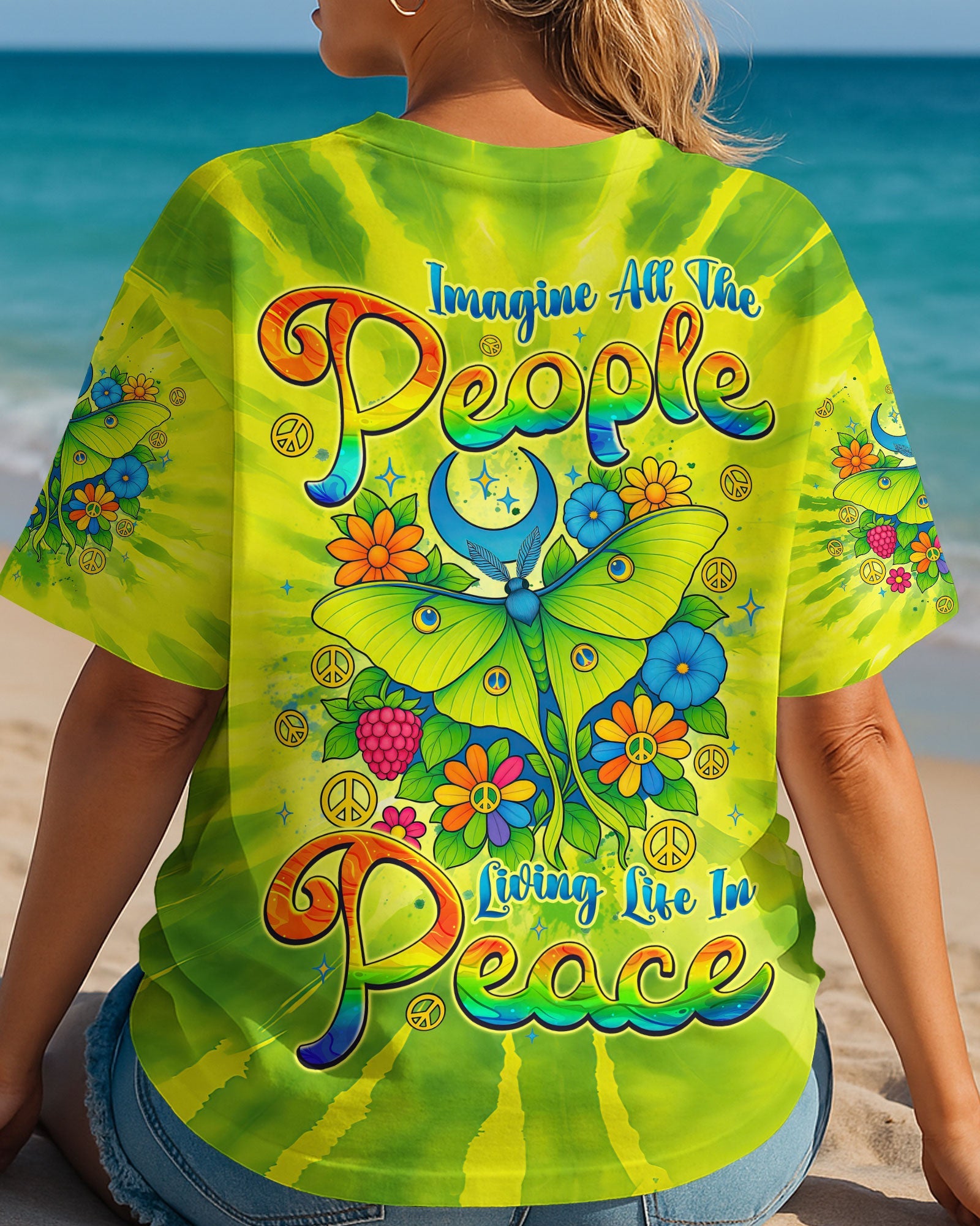 Imagine All The People Living Life in Peace Butterfly Peace Green Tie Dye Design AOP Shirts _3_ XfDuv