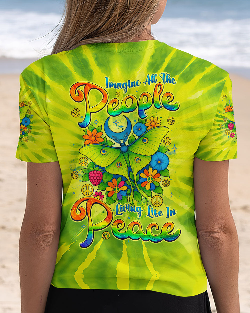 Imagine All The People Living Life in Peace Butterfly Peace Green Tie Dye Design AOP Shirts _5_ 7Bx74