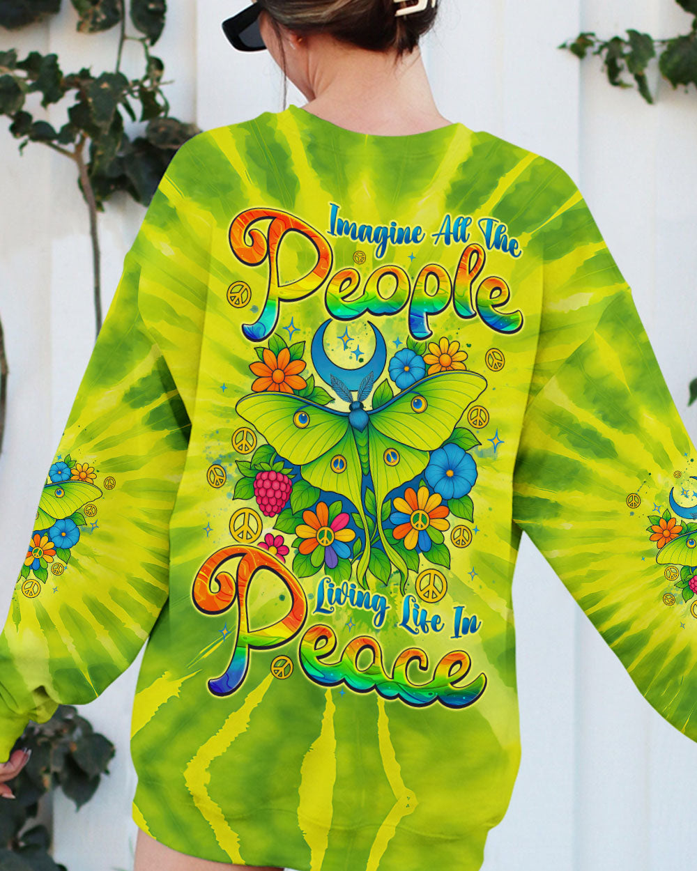 Imagine All The People Living Life in Peace Butterfly Peace Green Tie Dye Design AOP Shirts _9_ j32wD