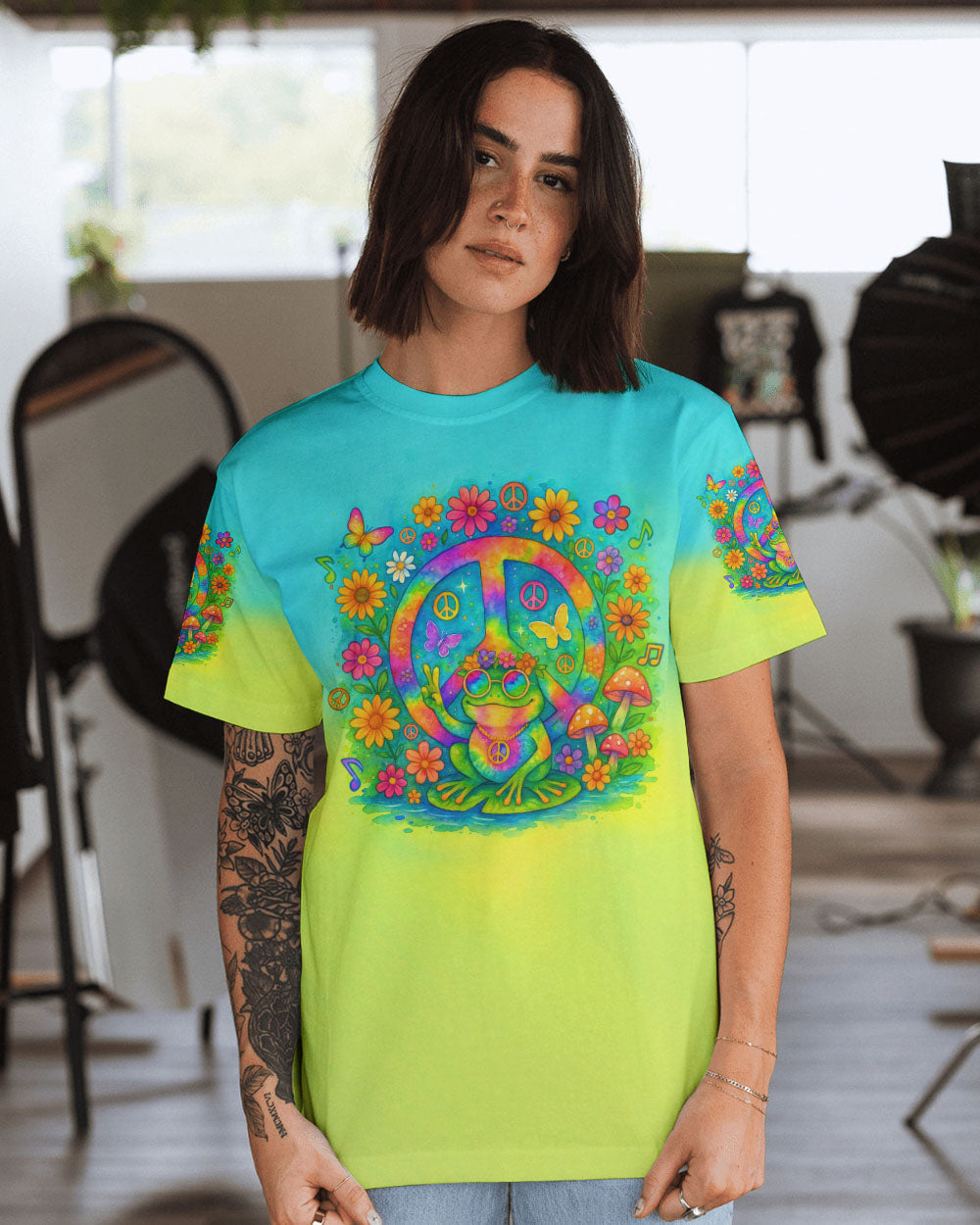 Imagine All The People Living Life in Peace Frog and Peace Symbol Tie Dye Design AOP Shirts _3_ W3itc