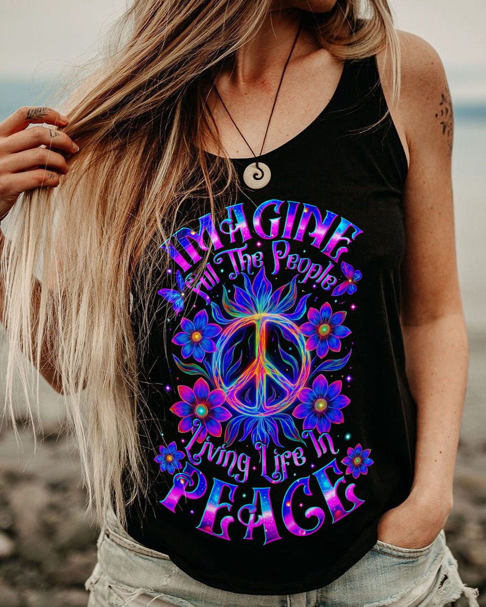 Imagine All The People Living Life in Peace Neon Colorful Peace Design for Women AOP Shirt _11_ 2vP5Y