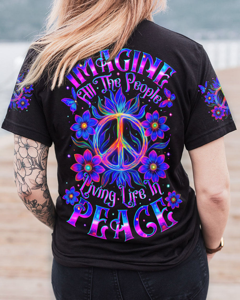 Imagine All The People Living Life in Peace Neon Colorful Peace Design for Women AOP Shirt _1_ naz1c