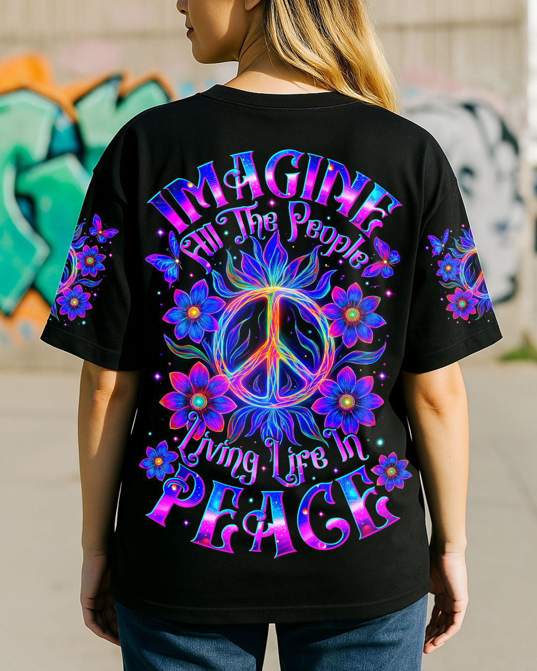 Imagine All The People Living Life in Peace Neon Colorful Peace Design for Women AOP Shirt _3_ qiyrA