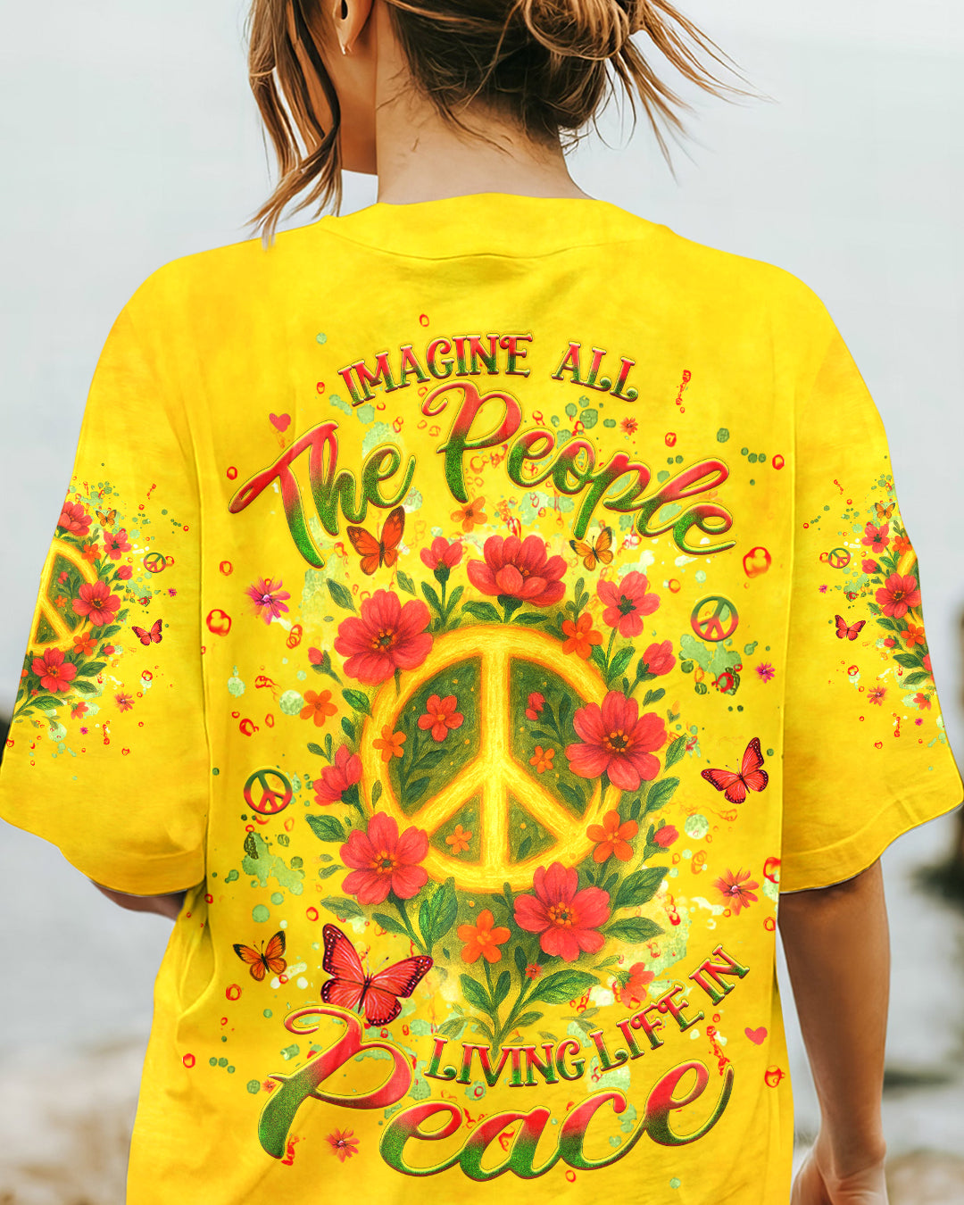Imagine All The People Living Life in Peace Peace Symbol with Flower Design for Women AOP Shirts _4_ 9PmNh