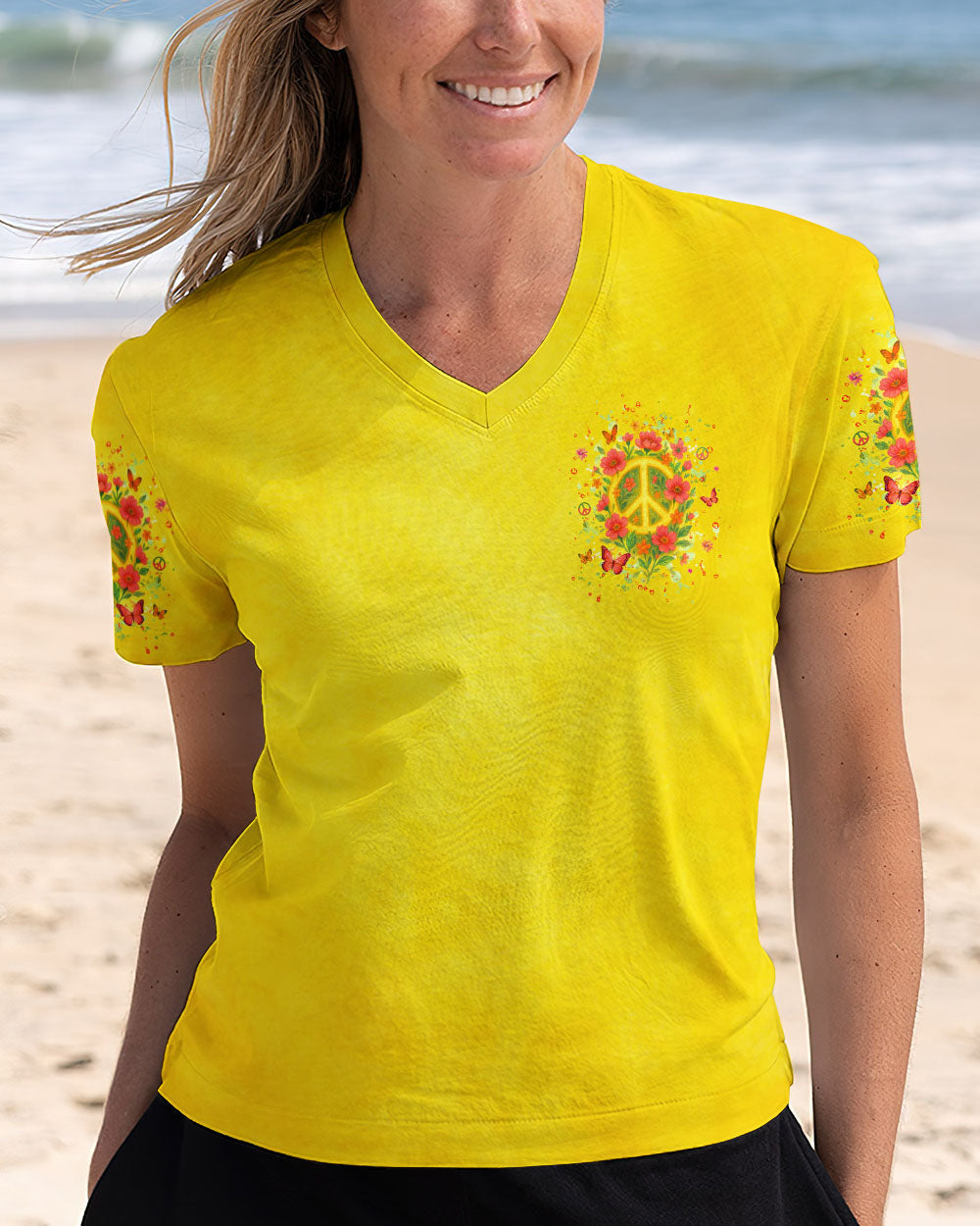 Imagine All The People Living Life in Peace Peace Symbol with Flower Design for Women AOP Shirts _5_ J7hvy