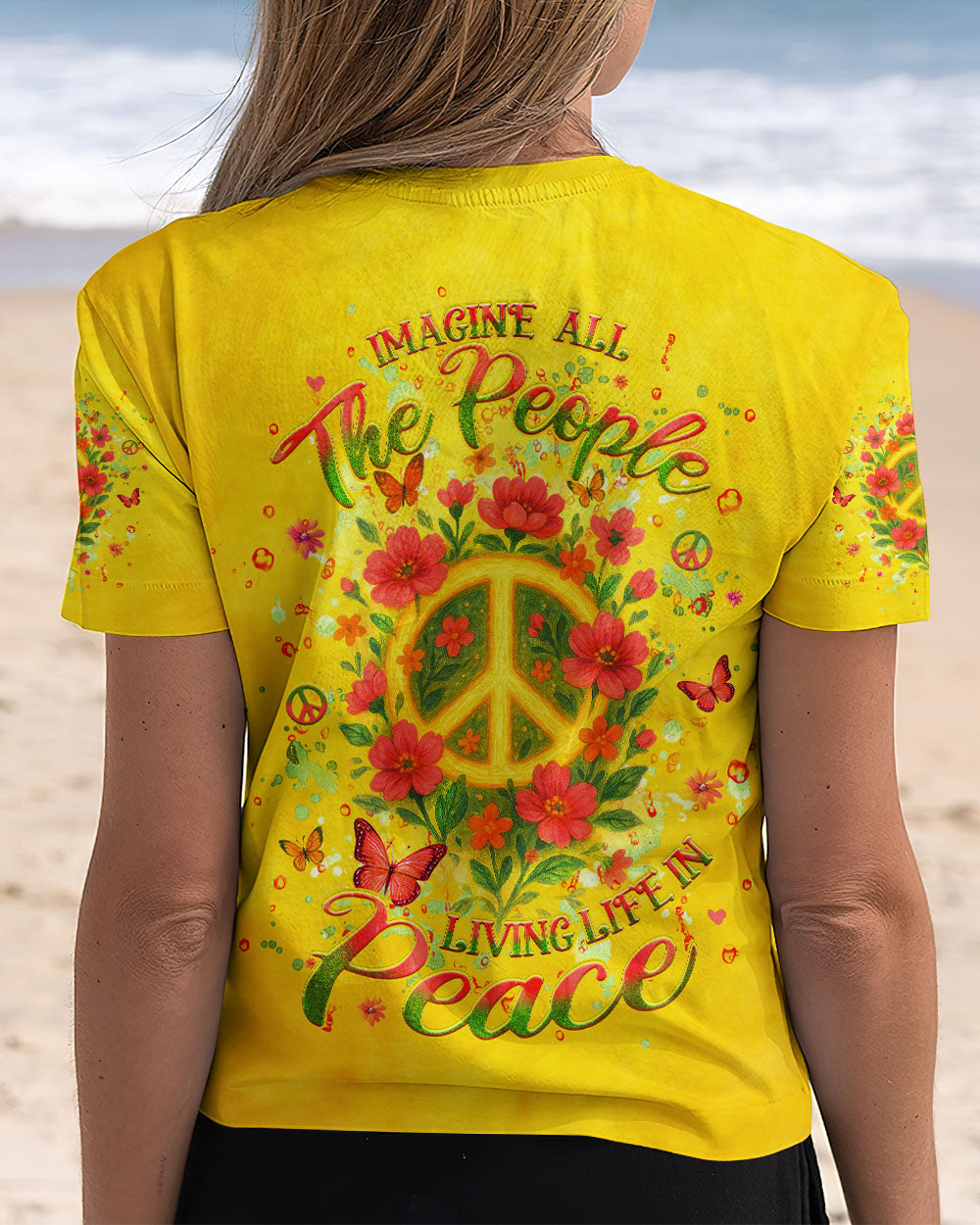 Imagine All The People Living Life in Peace Peace Symbol with Flower Design for Women AOP Shirts _6_ 3eXmd