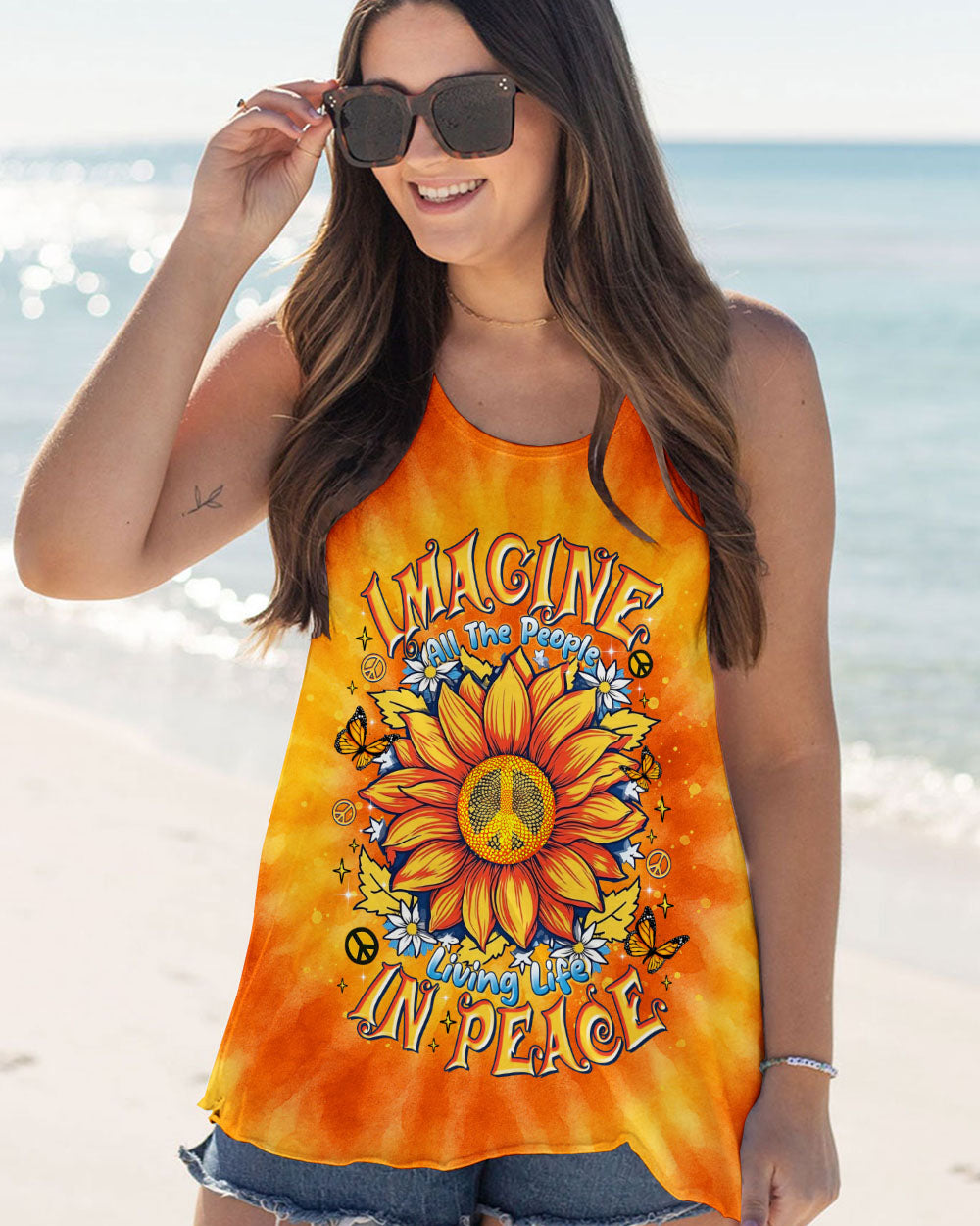 Imagine All The People Living Life in Peace Sunflower Peace Orange Tie Dye Design AOP Shirts _11_ fDzy8