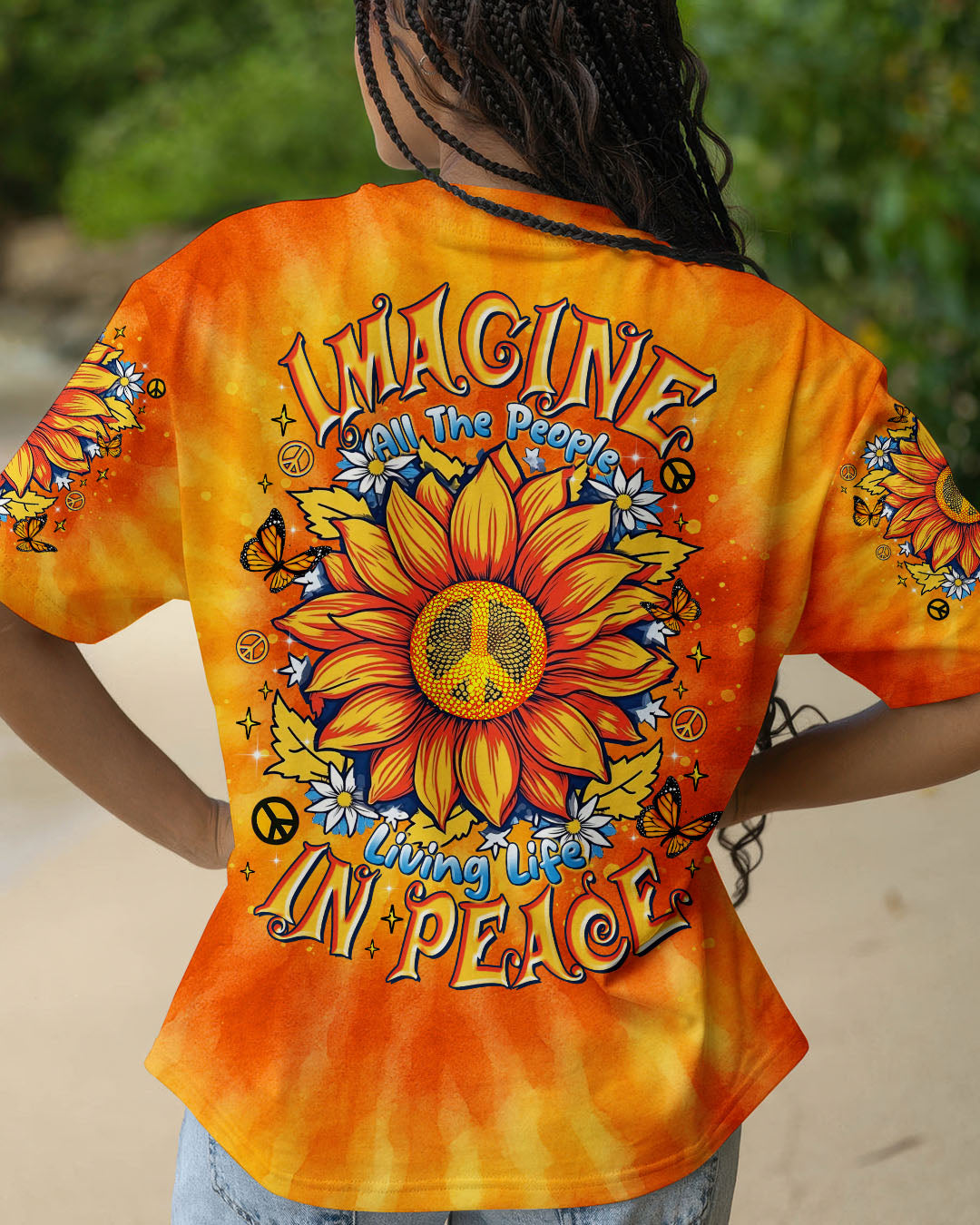 Imagine All The People Living Life in Peace Sunflower Peace Orange Tie Dye Design AOP Shirts _1_ MA25h