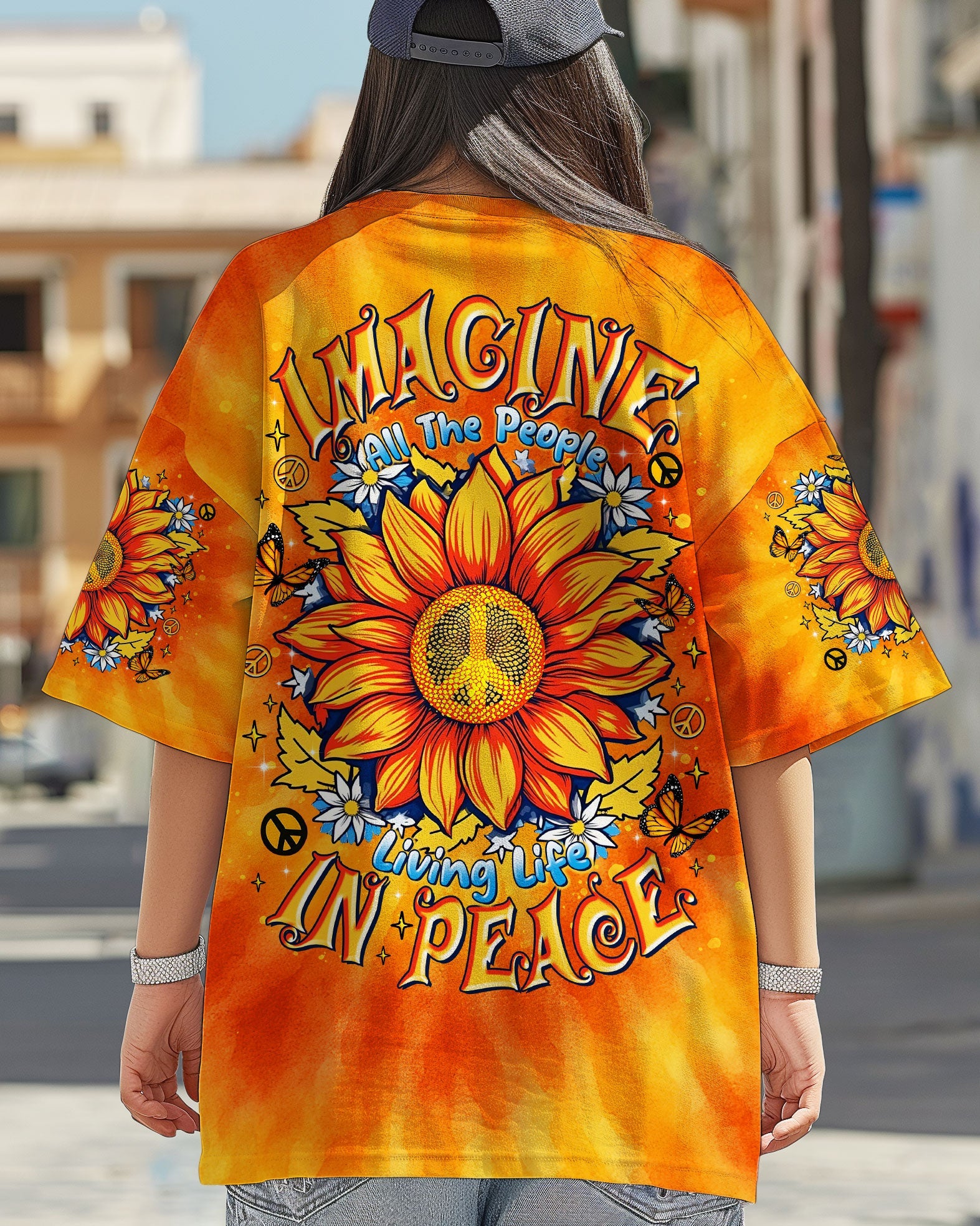 Imagine All The People Living Life in Peace Sunflower Peace Orange Tie Dye Design AOP Shirts _3_ 6CXj0