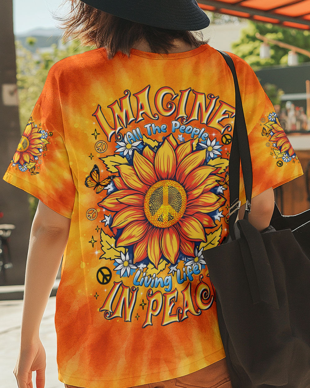 Imagine All The People Living Life in Peace Sunflower Peace Orange Tie Dye Design AOP Shirts _5_ go2F8