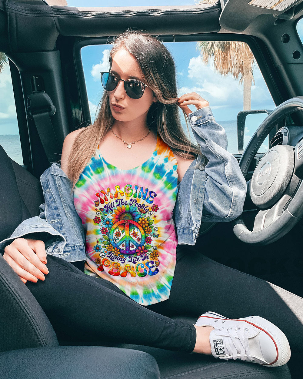 Imagine All The People Living Life in Peace Sunflower and Peace Symbol Tie Dye Design AOP Shirts _11_ uqJLN