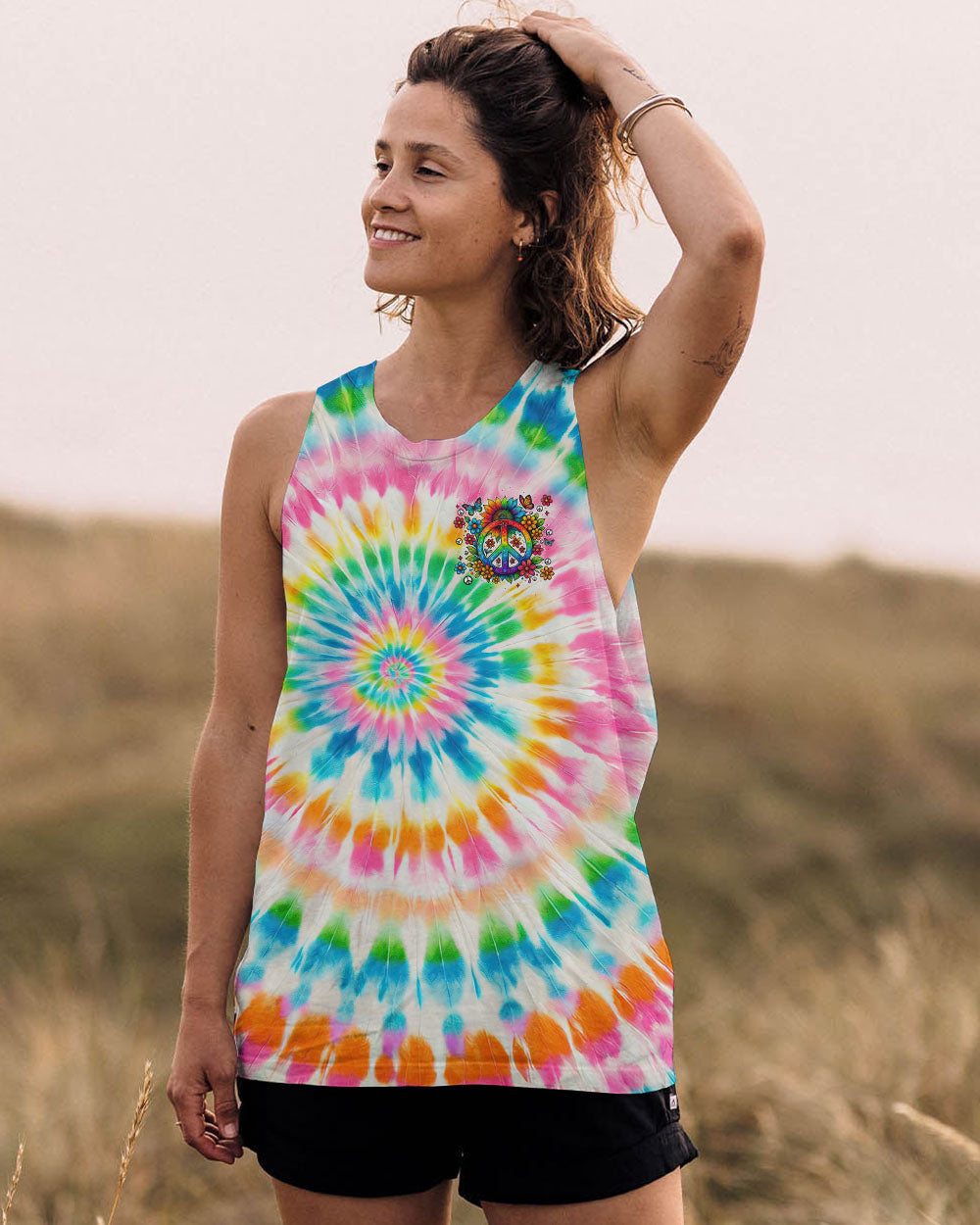 Imagine All The People Living Life in Peace Sunflower and Peace Symbol Tie Dye Design AOP Shirts _12_ O0KzP