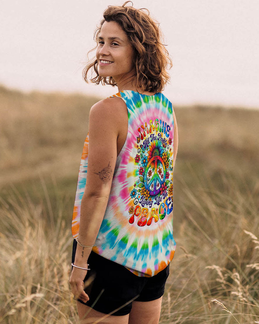 Imagine All The People Living Life in Peace Sunflower and Peace Symbol Tie Dye Design AOP Shirts _13_ V2IEH