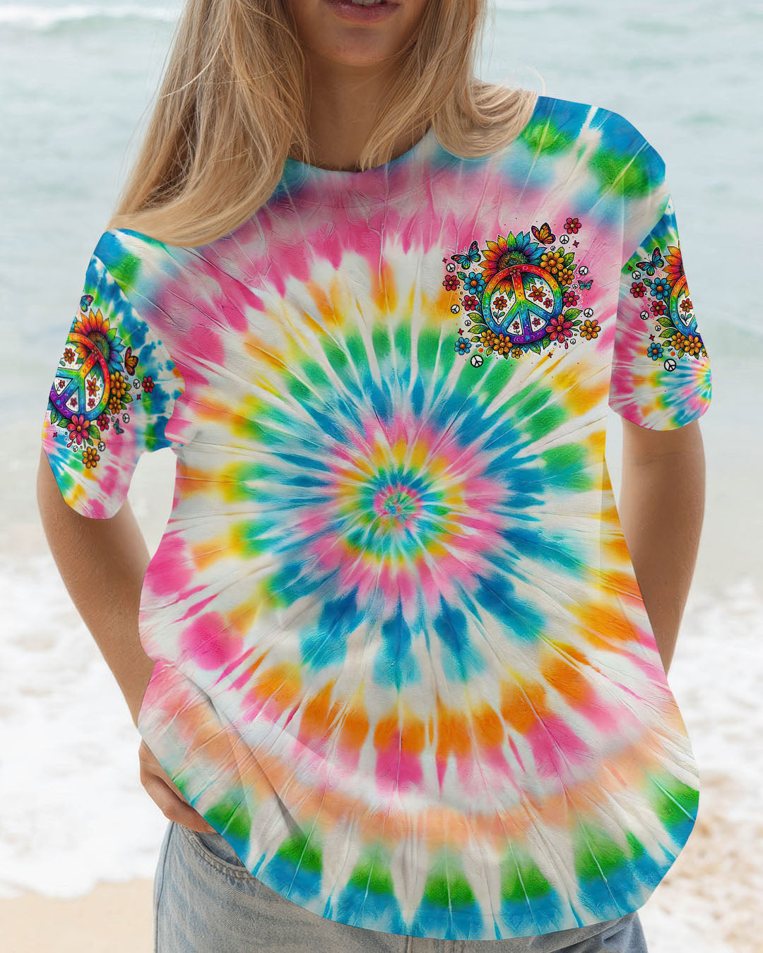 Imagine All The People Living Life in Peace Sunflower and Peace Symbol Tie Dye Design AOP Shirts _2_ 464Si