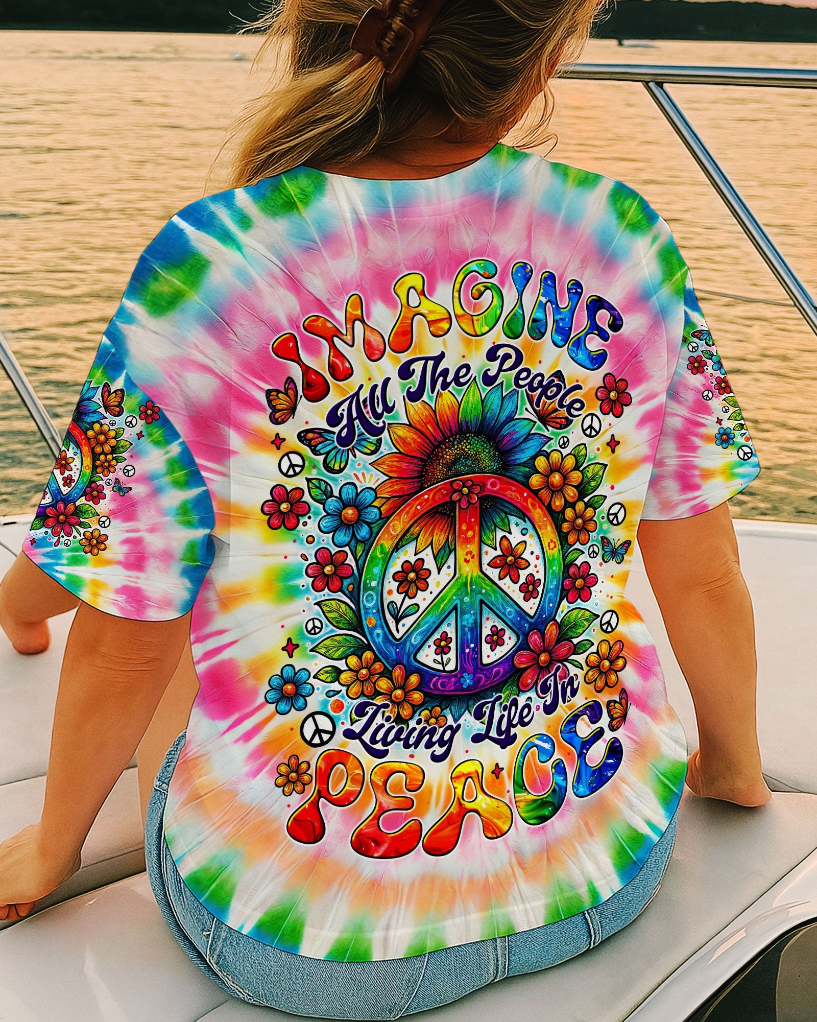Imagine All The People Living Life in Peace Sunflower and Peace Symbol Tie Dye Design AOP Shirts _3_ SdFXh
