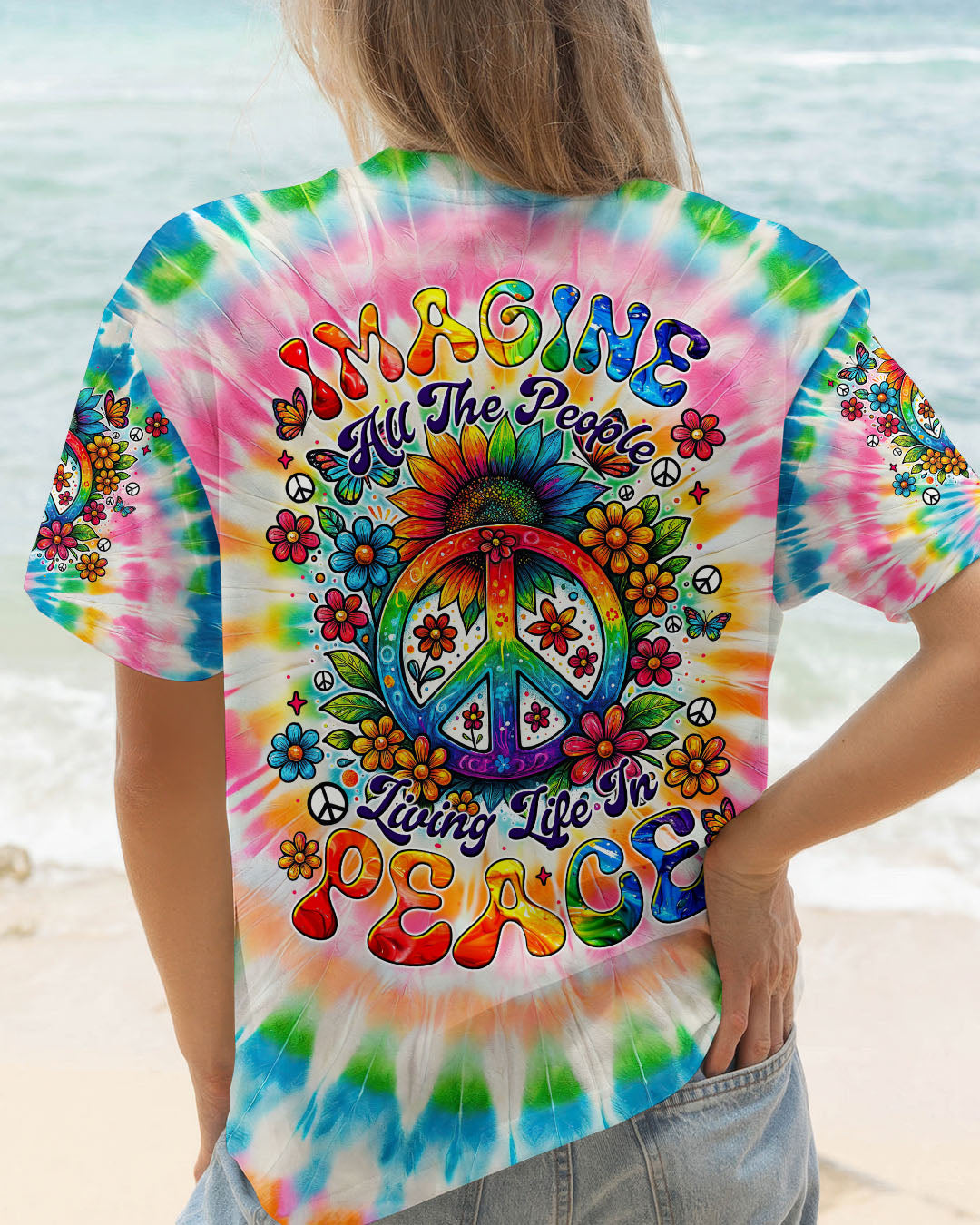 Imagine All The People Living Life in Peace Sunflower and Peace Symbol Tie Dye Design AOP Shirts _5_ zmXsy
