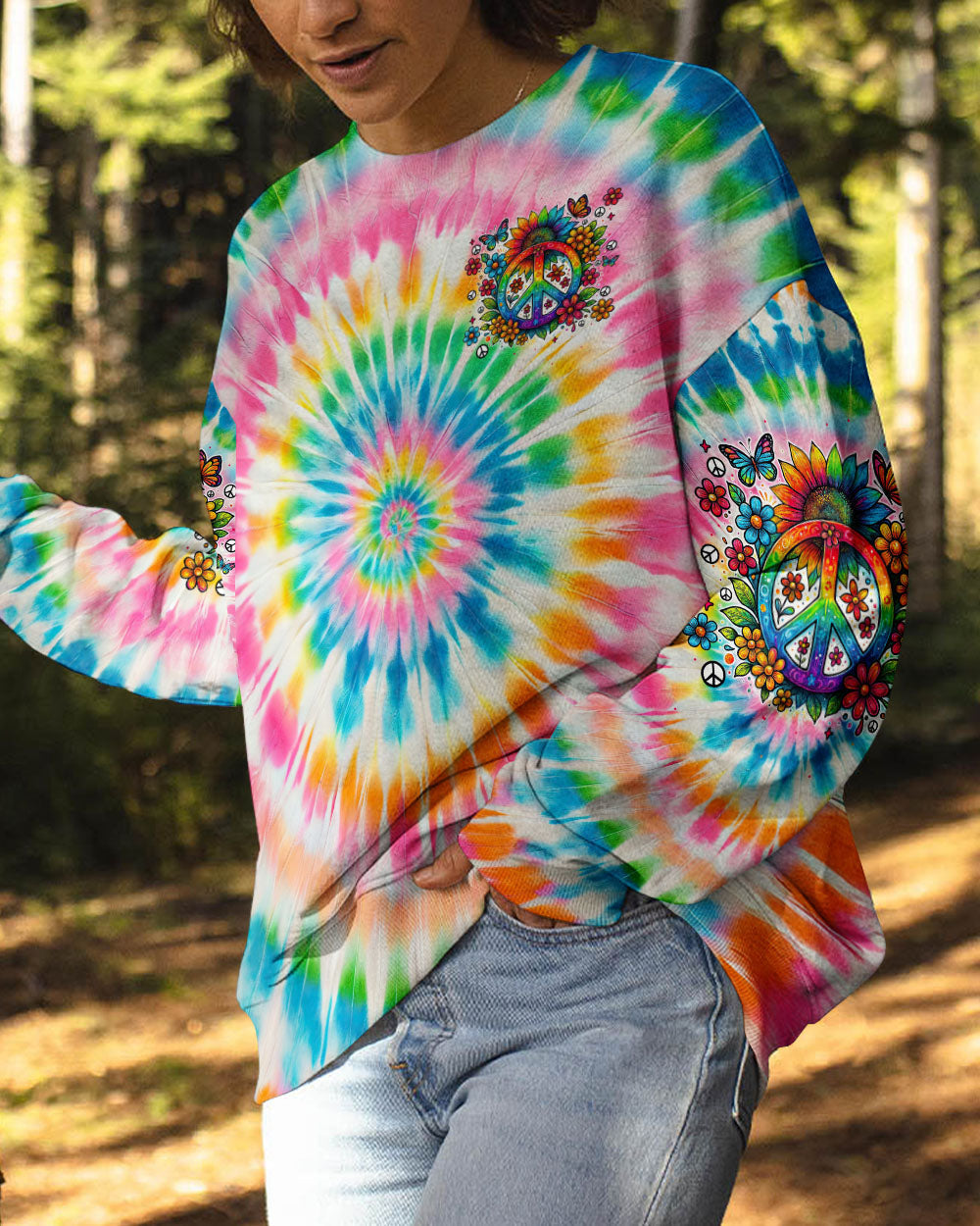 Imagine All The People Living Life in Peace Sunflower and Peace Symbol Tie Dye Design AOP Shirts _8_ V9QKN