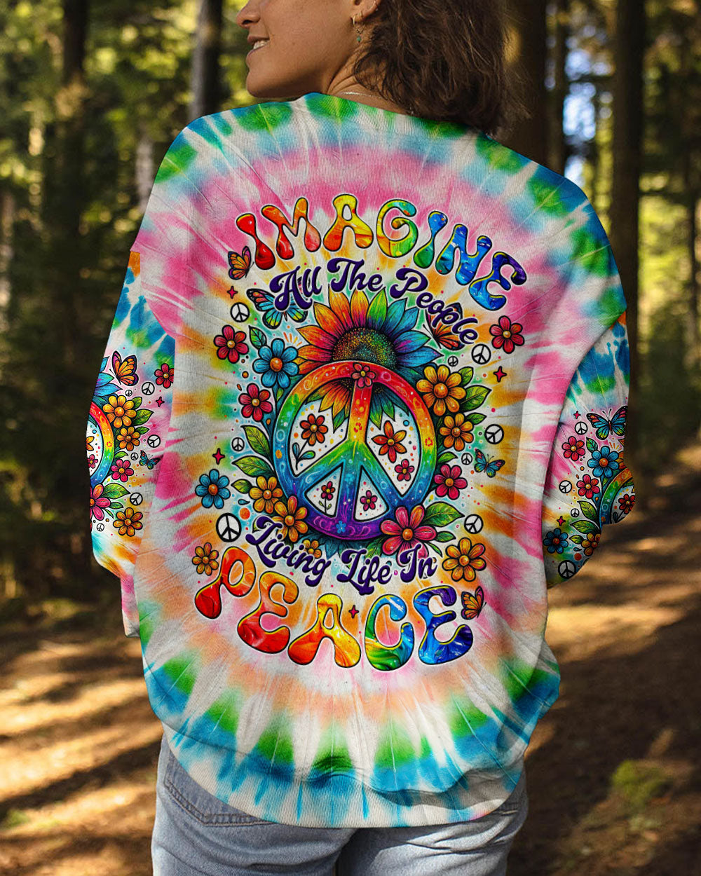 Imagine All The People Living Life in Peace Sunflower and Peace Symbol Tie Dye Design AOP Shirts _9_ LIdPf