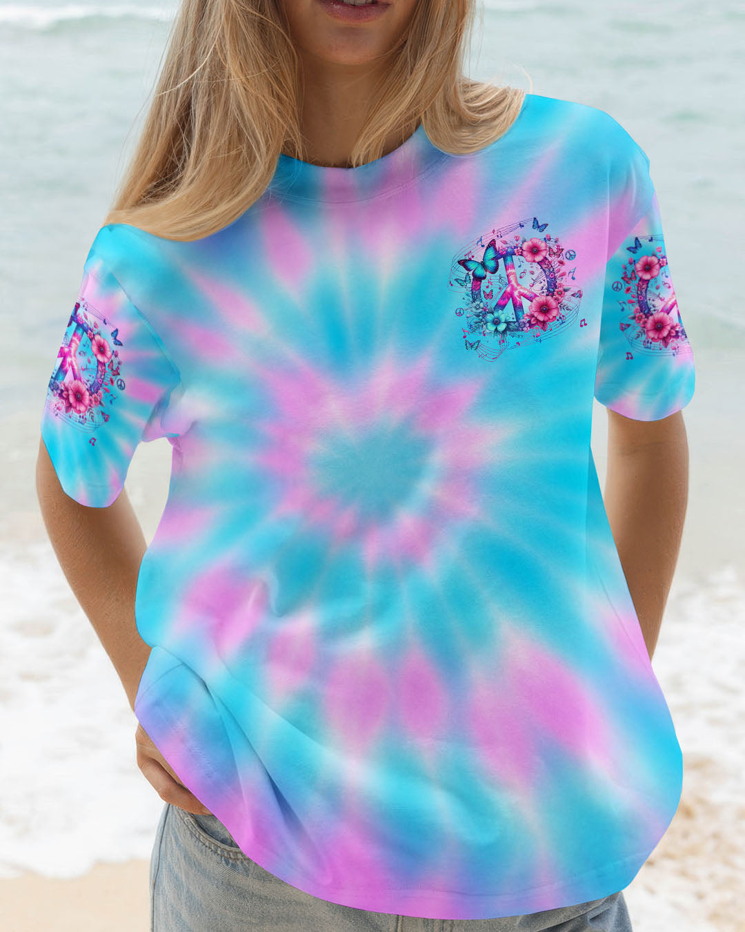 Imagine All The People Living Life in Peace Tie Dye Peace Symbol Design for Women AOP Shirts _2_ 0KFMG