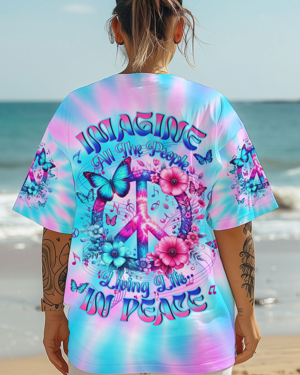 Imagine All The People Living Life in Peace Tie Dye Peace Symbol Design for Women AOP Shirts _3_ jrWsO