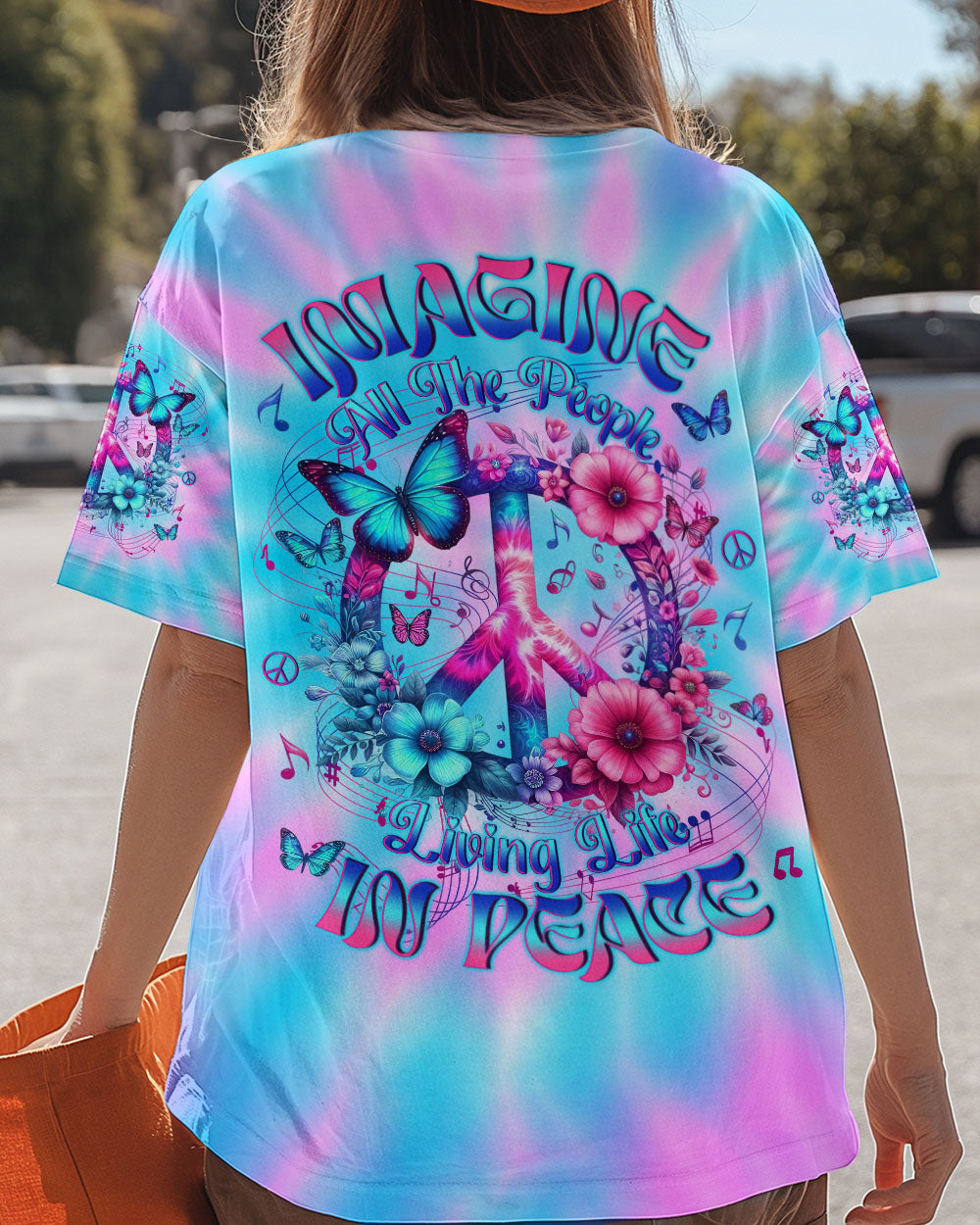 Imagine All The People Living Life in Peace Tie Dye Peace Symbol Design for Women AOP Shirts _5_ ET9sR