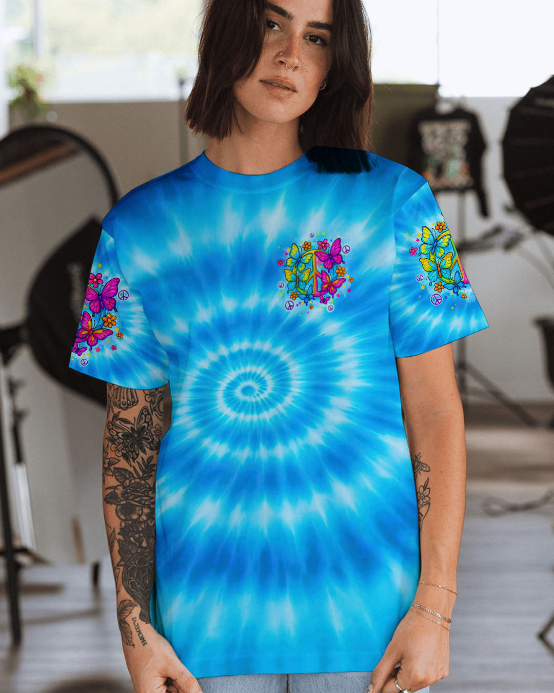 Imagine All The People Living Life in Peace Tie Dye Peace Symbol _26 Butterfly AOP Shirts _2_ Fmz00