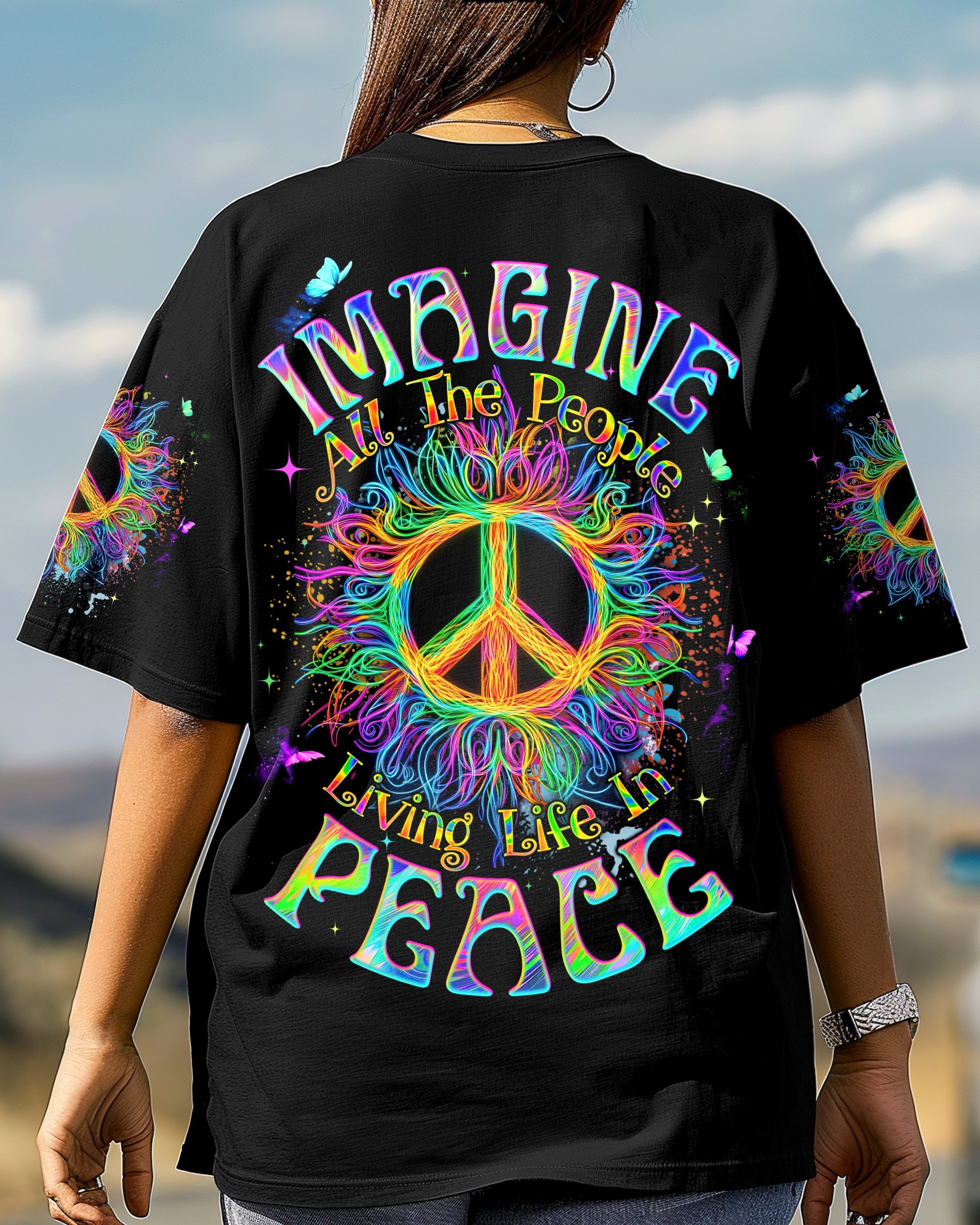 Imagine All the People Living Life in Peace Neon Peace Symbol Hippie Style AOP Shirts _3_ SqtwX