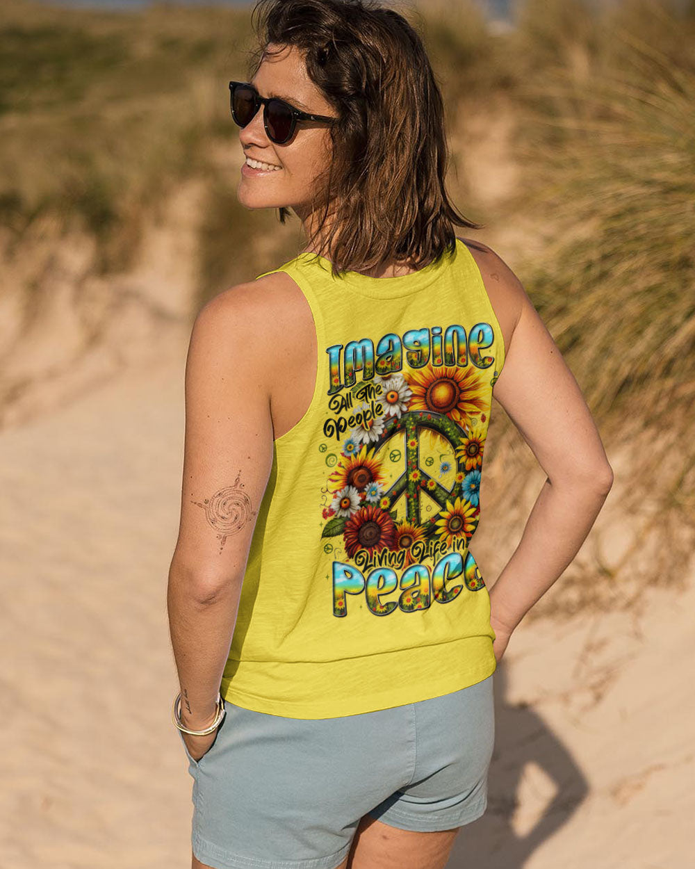 Imagine All the People Living Life in Peace Sunflower Peace Sign Design AOP Shirts _11_ Xf5HE
